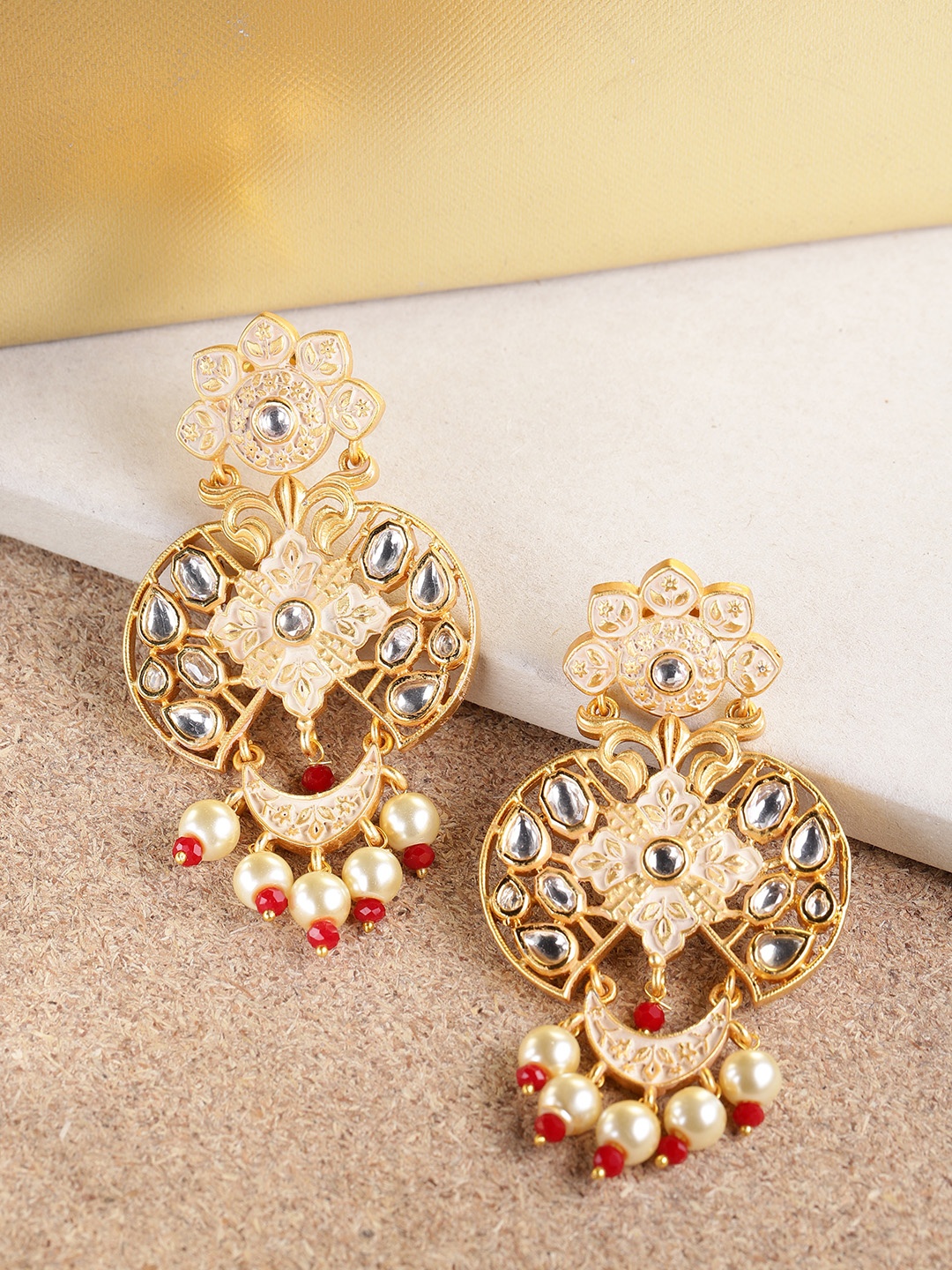 

Melani Borsa Off-White Gold-Plated Handcrafted Enameled Polki Classic Drop Earrings
