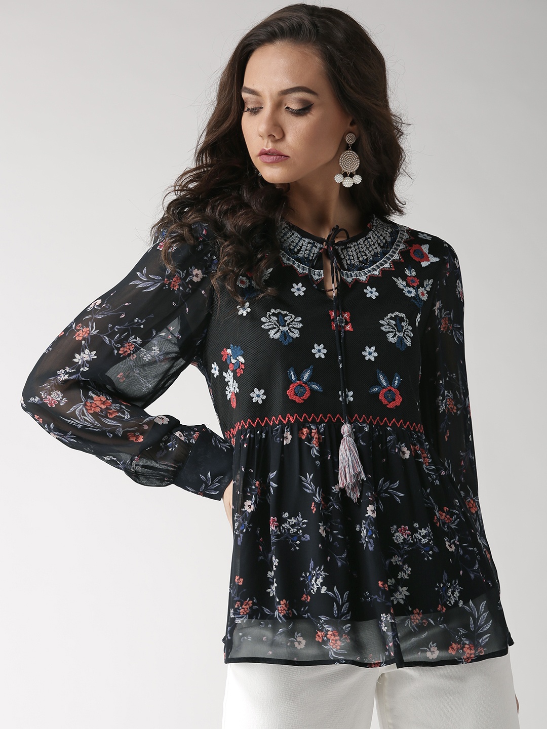 

Antheaa Women Navy Blue & Coral Orange Printed A-Line Top