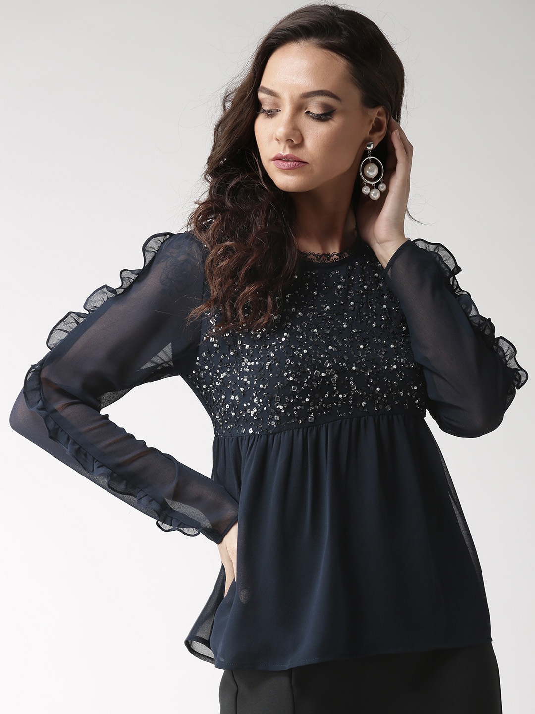 

Antheaa Women Navy Blue Embellished A-Line Top