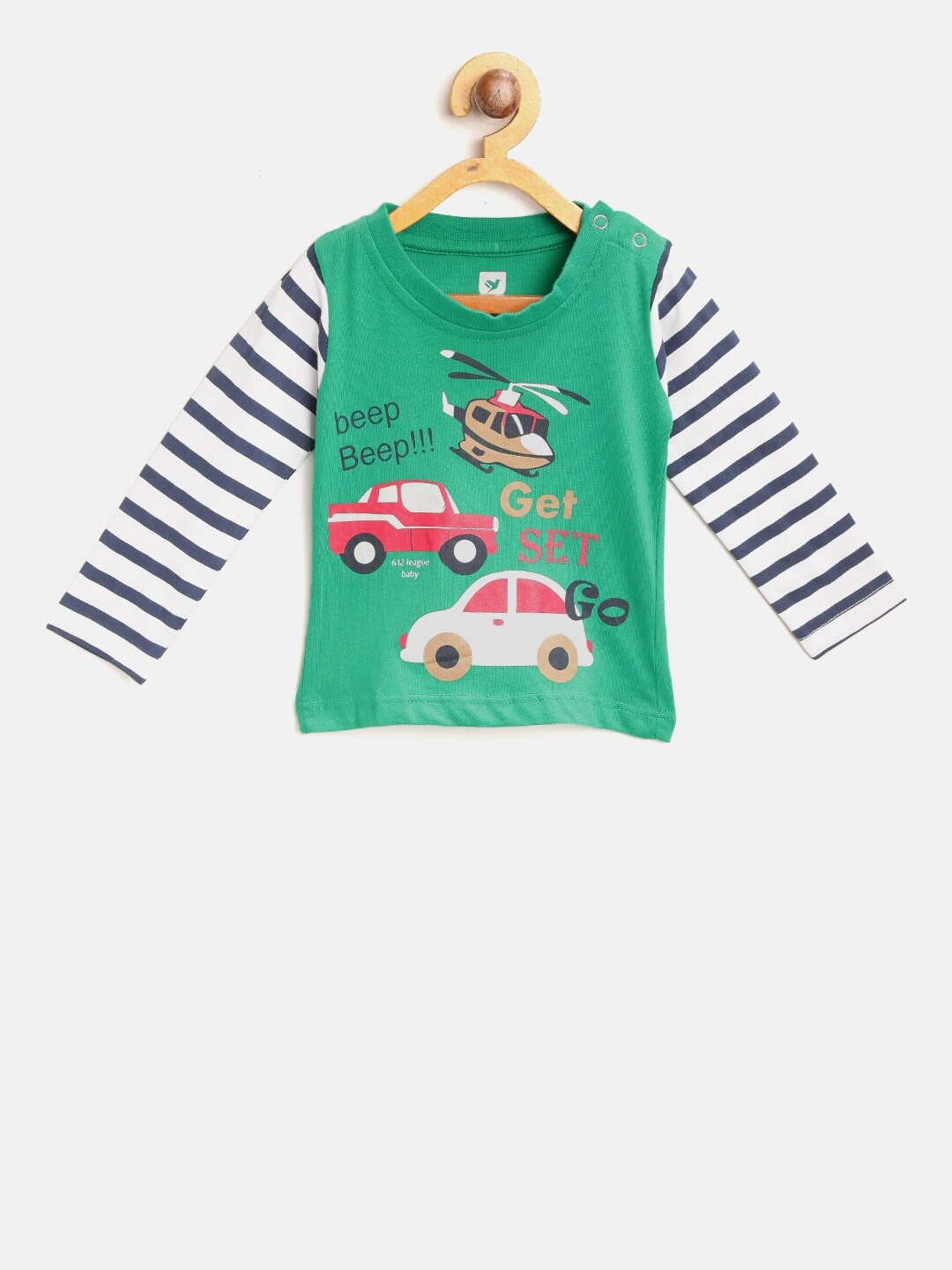 

612 league Boys Green Printed Round Neck Pure Cotton T-shirt with Striped Detail