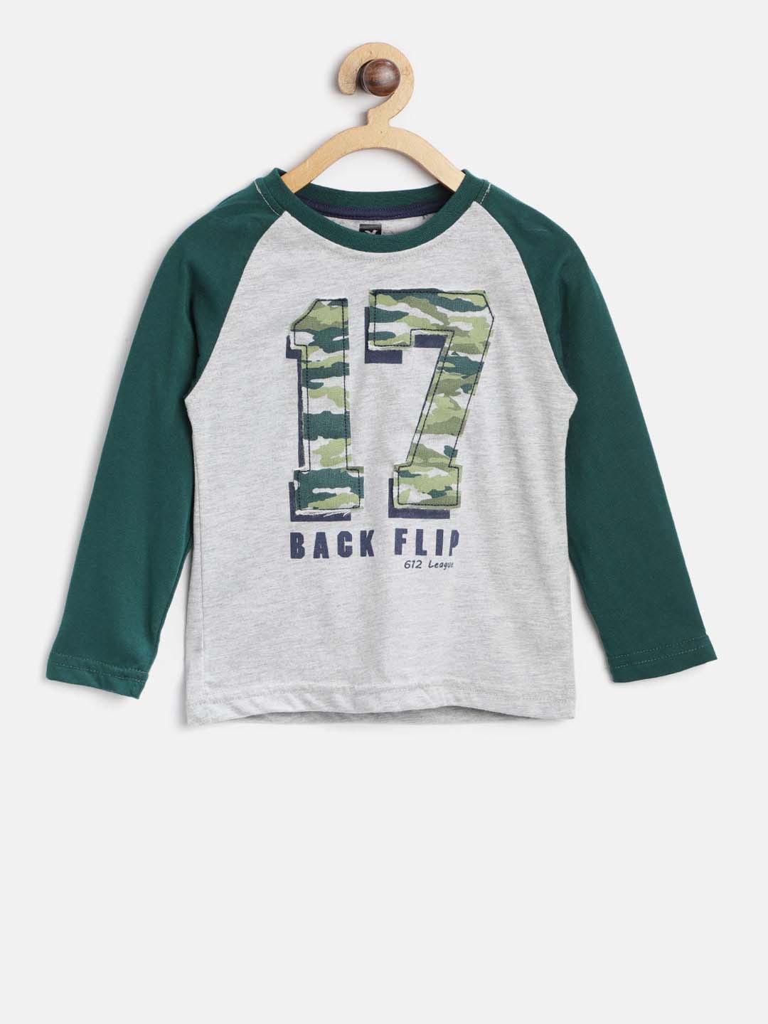 

612 league Boys Grey Melange & Green Printed Round Neck T-shirt