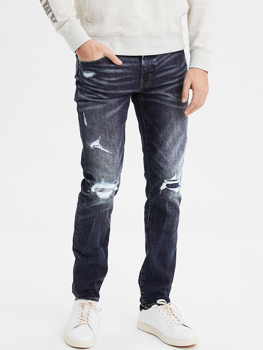 

AMERICAN EAGLE OUTFITTERS Men Blue Flex Slim Fit Mid-Rise Highly Distressed Jeans