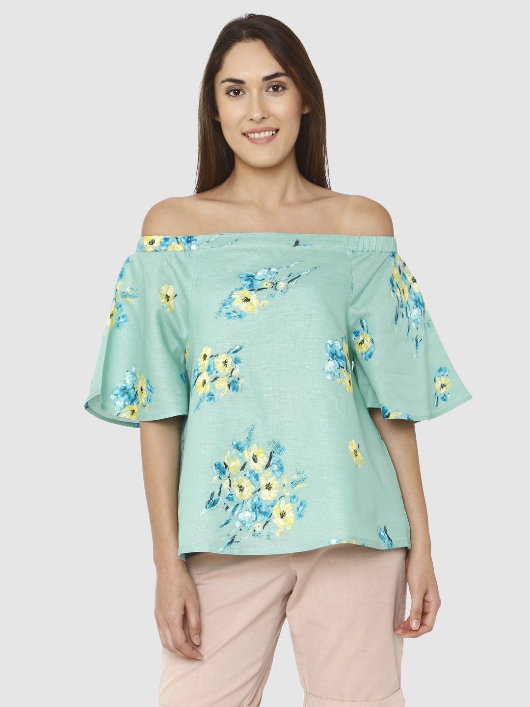 

Vero Moda Women Green Printed Bardot Top