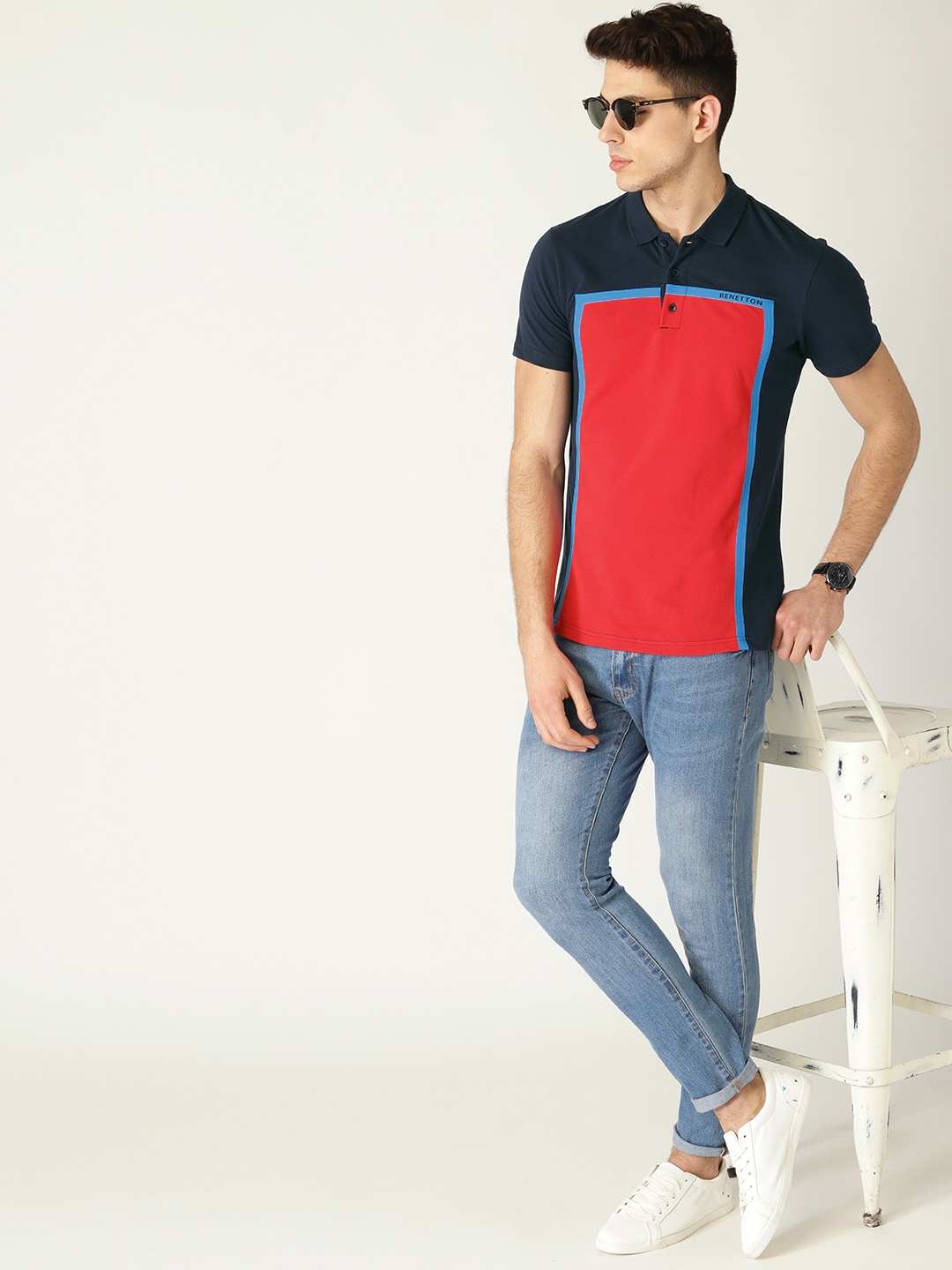 

United Colors of Benetton Men Red Navy Blue Colourblocked Polo Collar Pure Cotton T-shirt