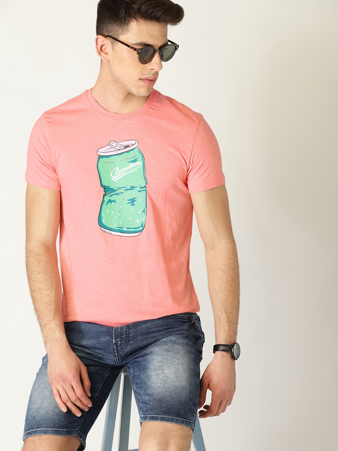 

United Colors of Benetton Men Coral Pink Printed Round Neck Pure Cotton T-shirt