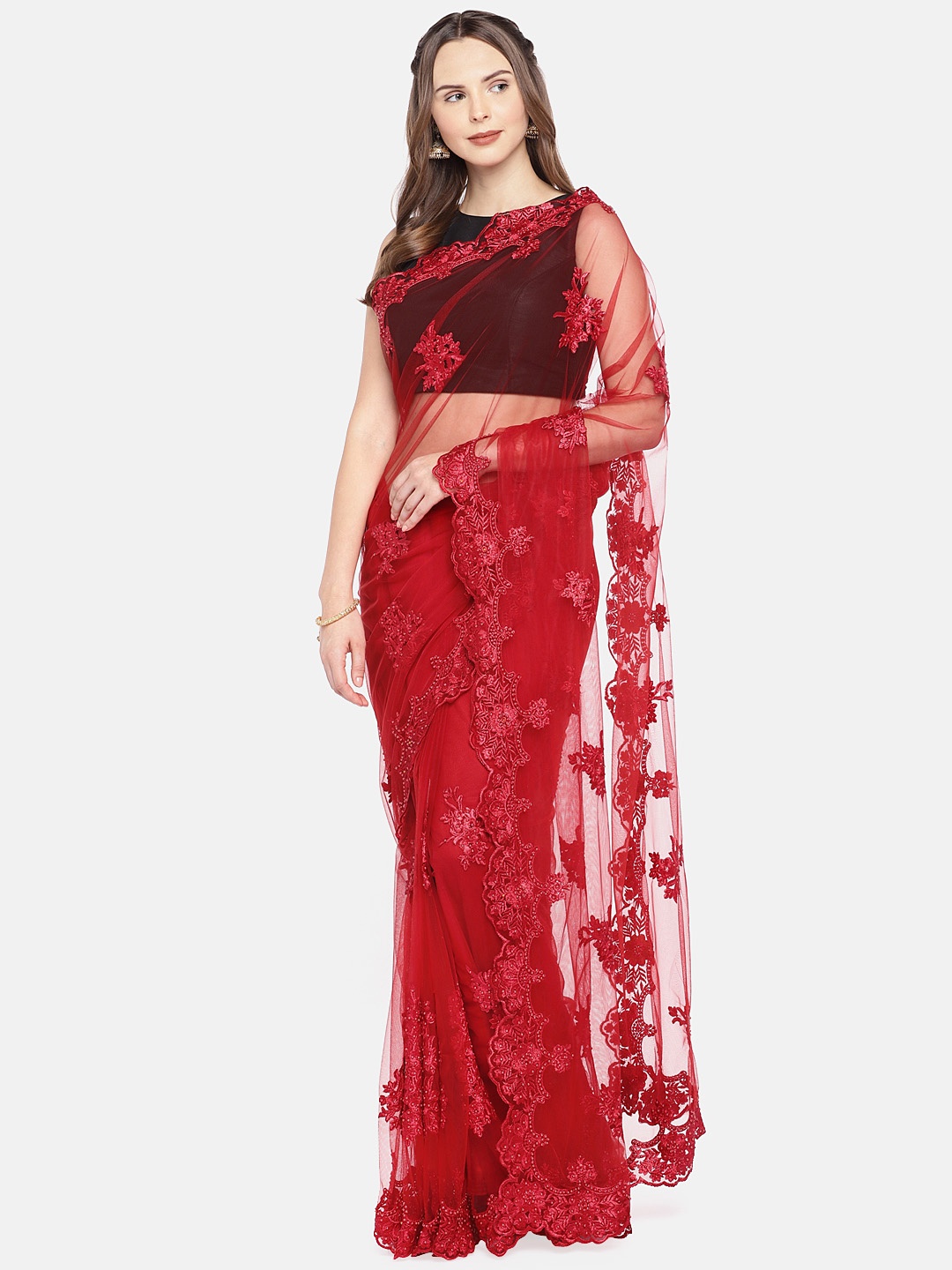 

Tikhi Imli Red Embroidered Net Saree