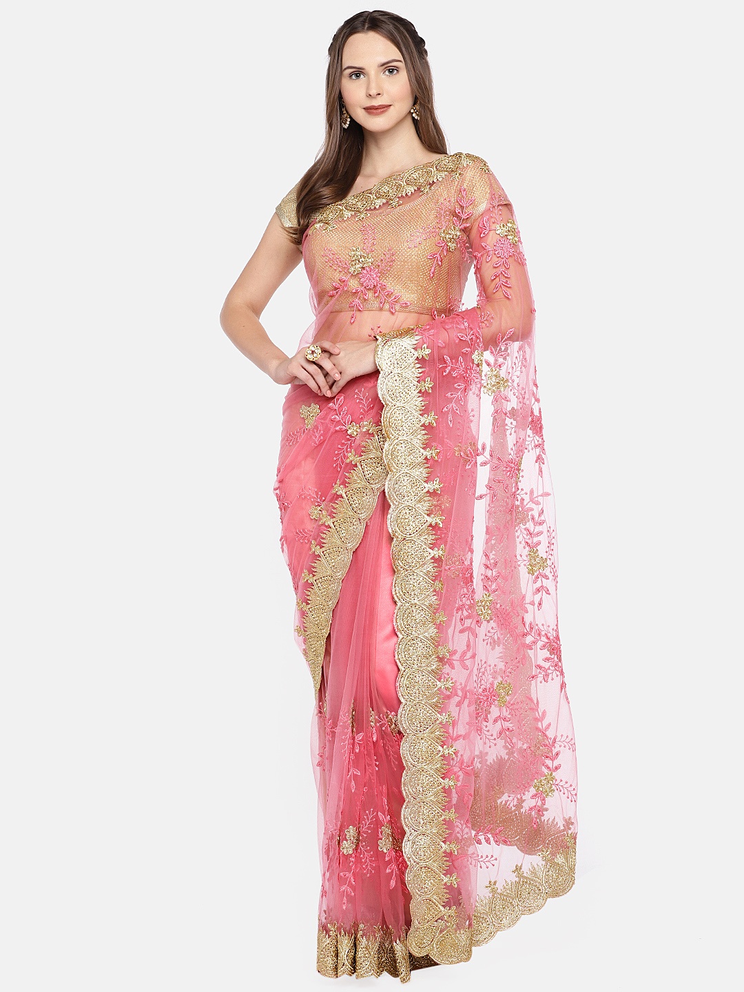 

Tikhi Imli Pink Embroidered Net Saree