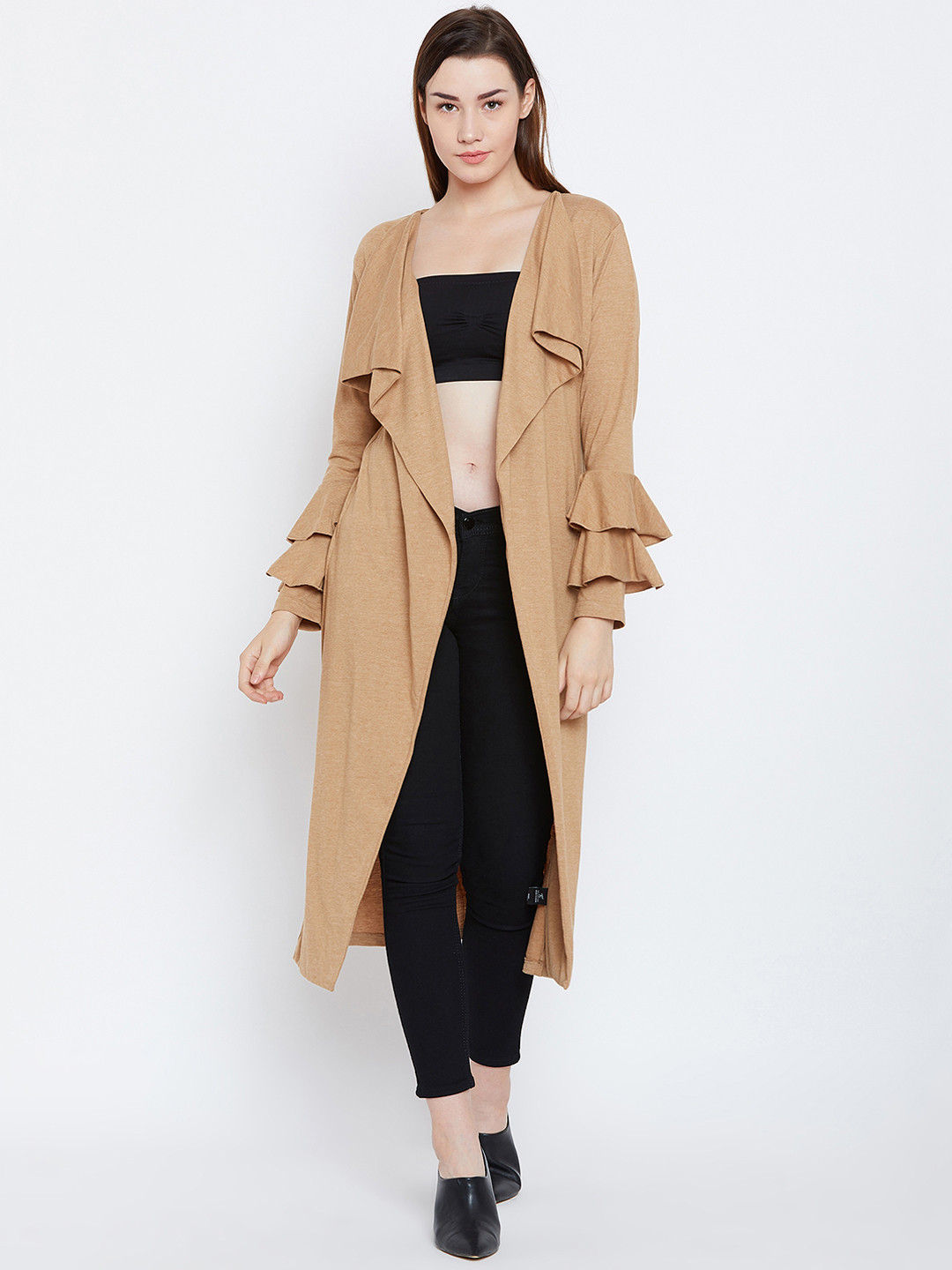 

Hypernation Beige Solid Open Front Shrug