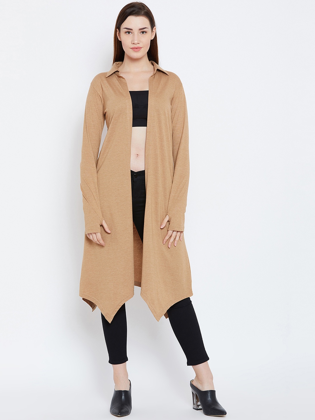 

Hypernation Beige Solid Open Front Shrug