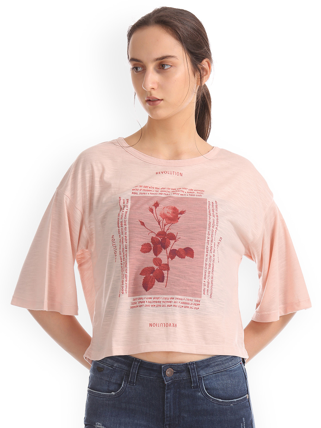 

Ed Hardy Women Pink Printed Crop Styled Back Top