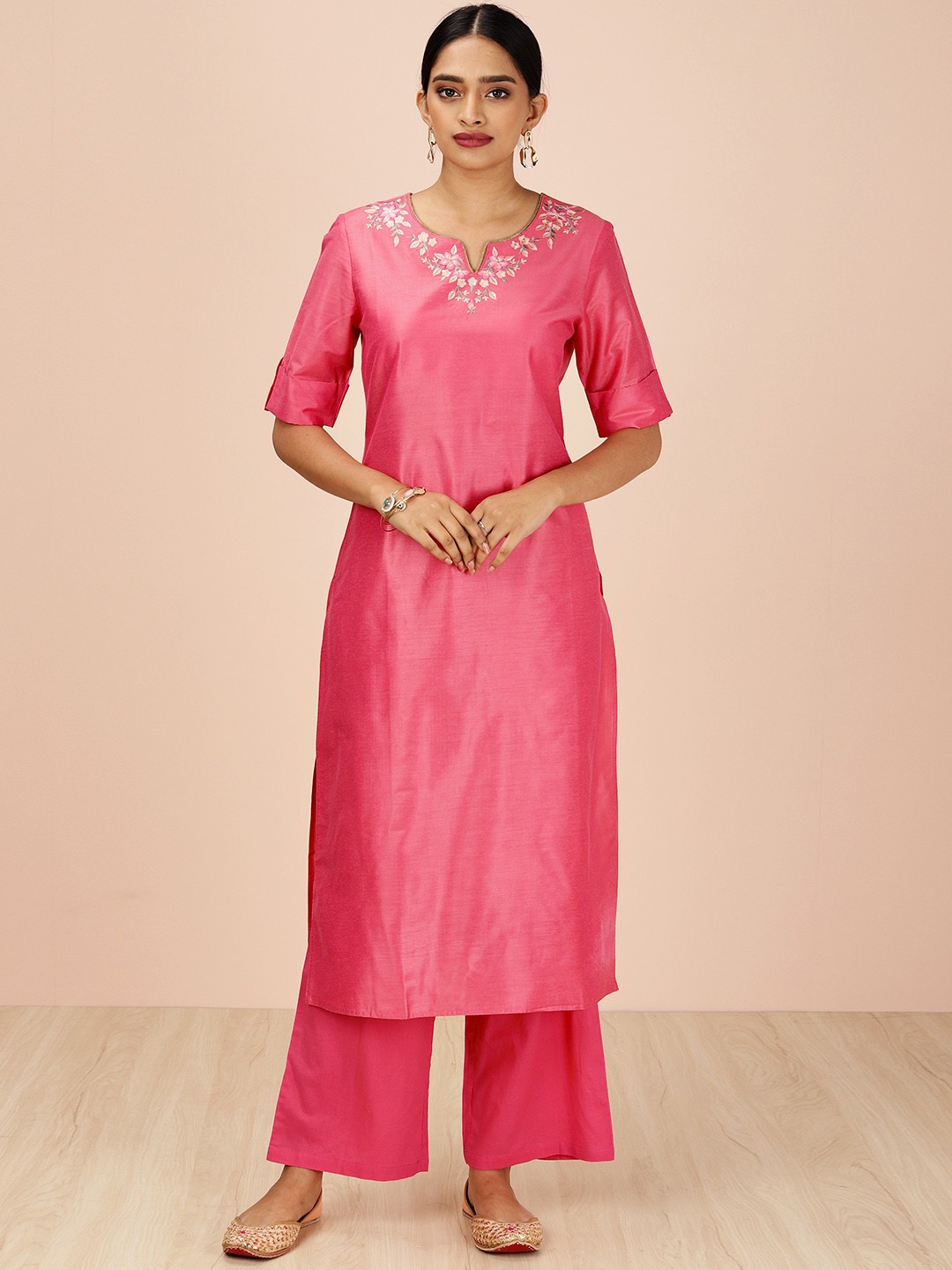 

all about you Women Pink Solid Kurta with Palazzos