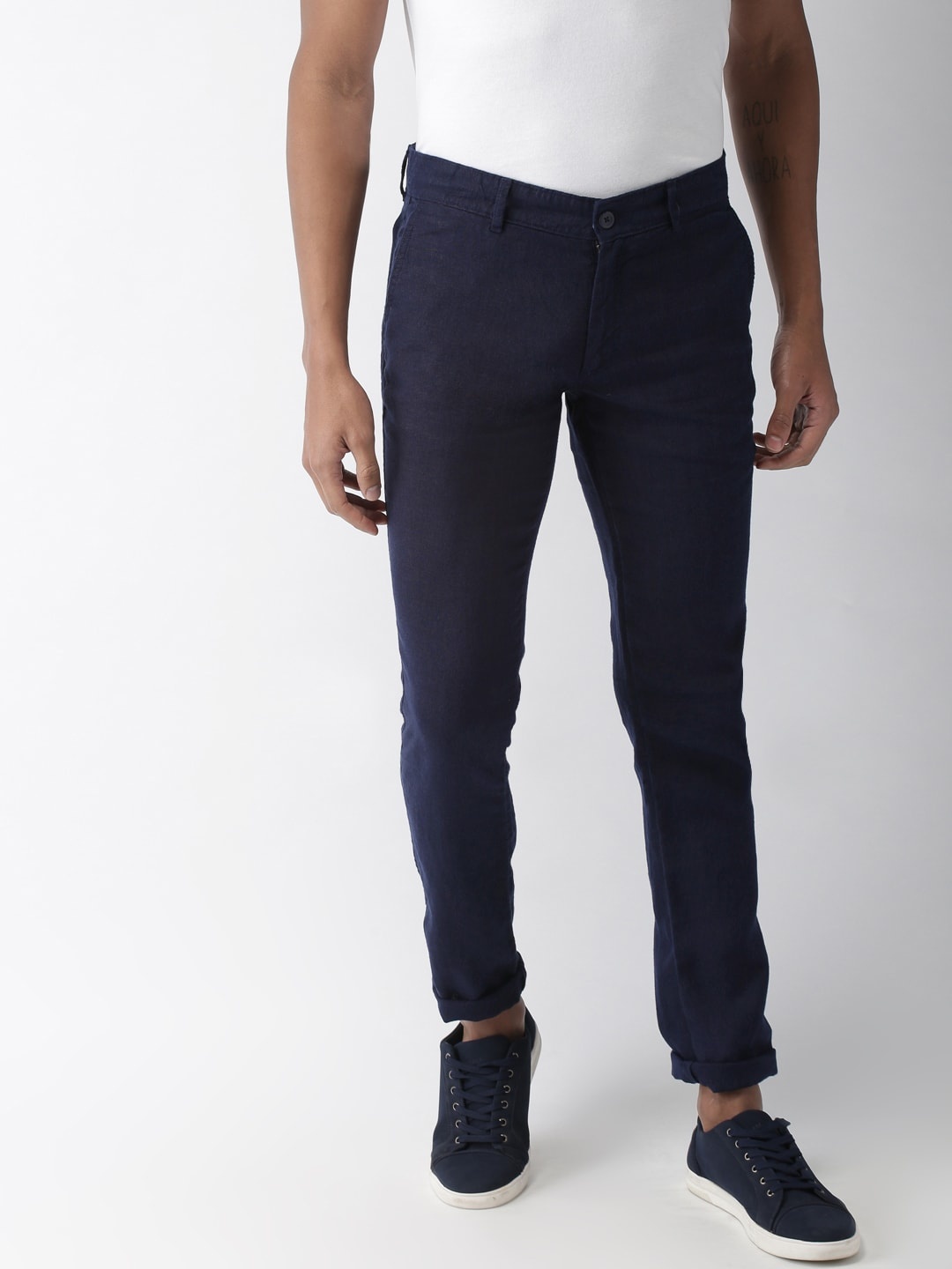 Celio Men Navy Blue Slim Fit Solid Pure Linen Regular Sustainable Trousers