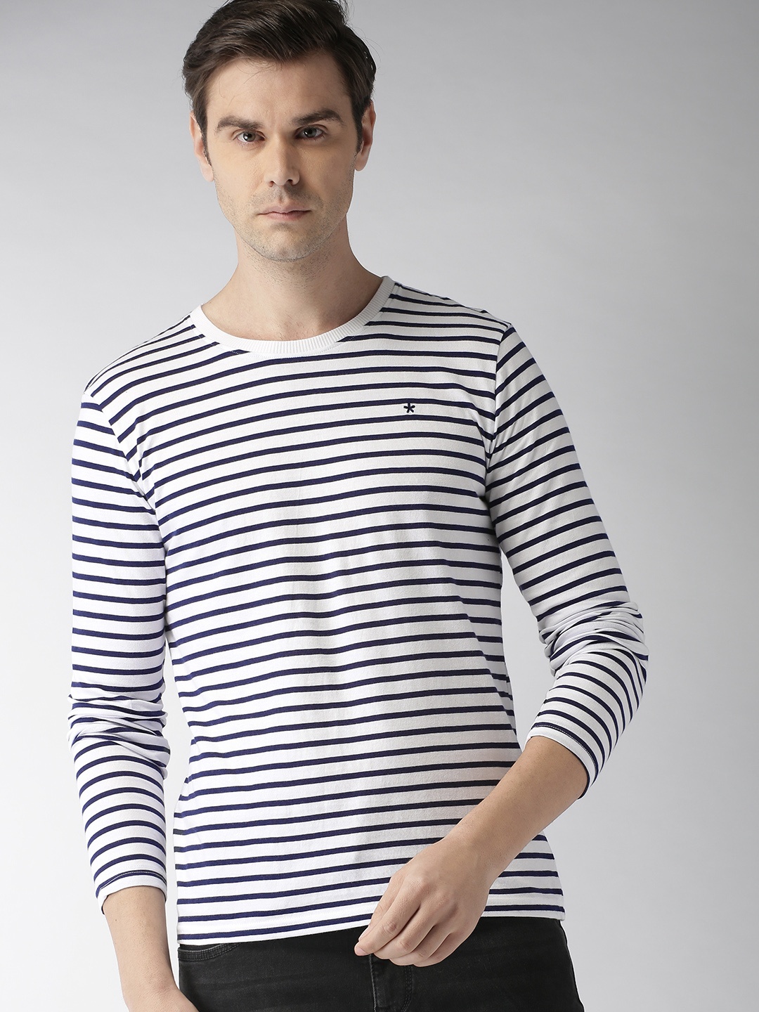 

Celio Men Navy Blue White Striped Round Neck Pure Cotton T-shirt