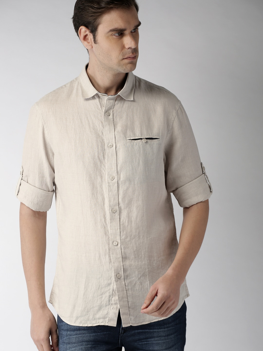 

Celio Men Grey Regular Fit Solid Casual Pure Linen Sustainable Shirt, Beige