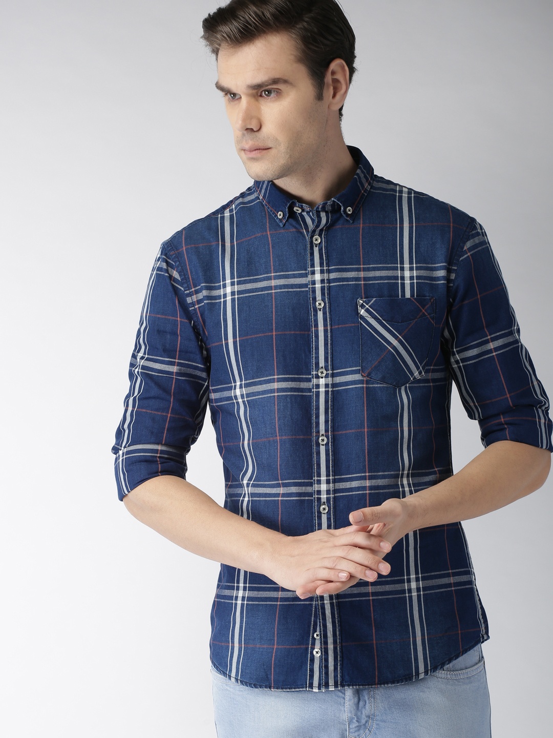 

Celio Men Navy Blue & White Slim Fit Checked Casual Shirt