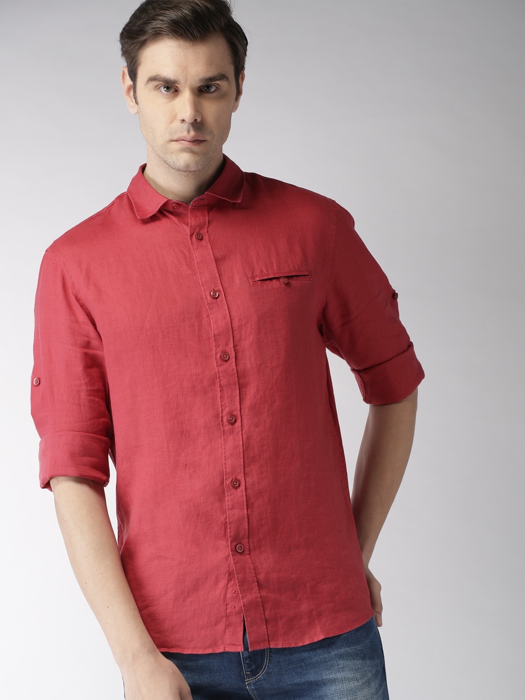 

Celio Men Red Regular Fit Solid Casual Pure Linen Sustainable Shirt