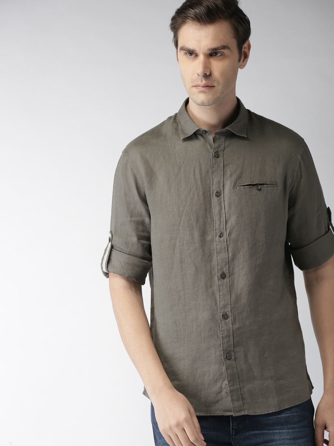 

Celio Men Olive Green Regular Fit Solid Casual Pure Linen Sustainable Shirt