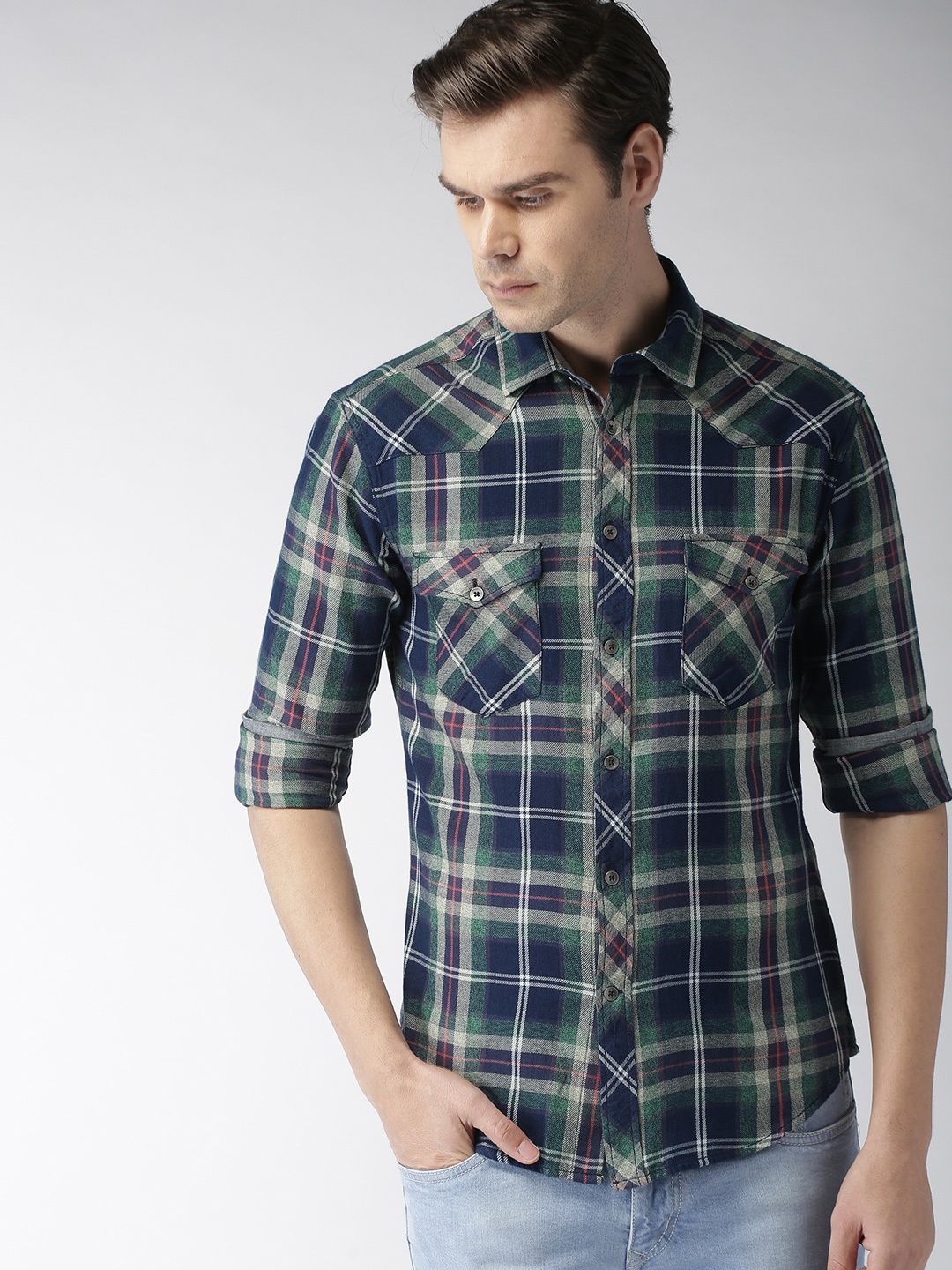 

Celio Men Green & Blue Slim Fit Checked Casual Shirt