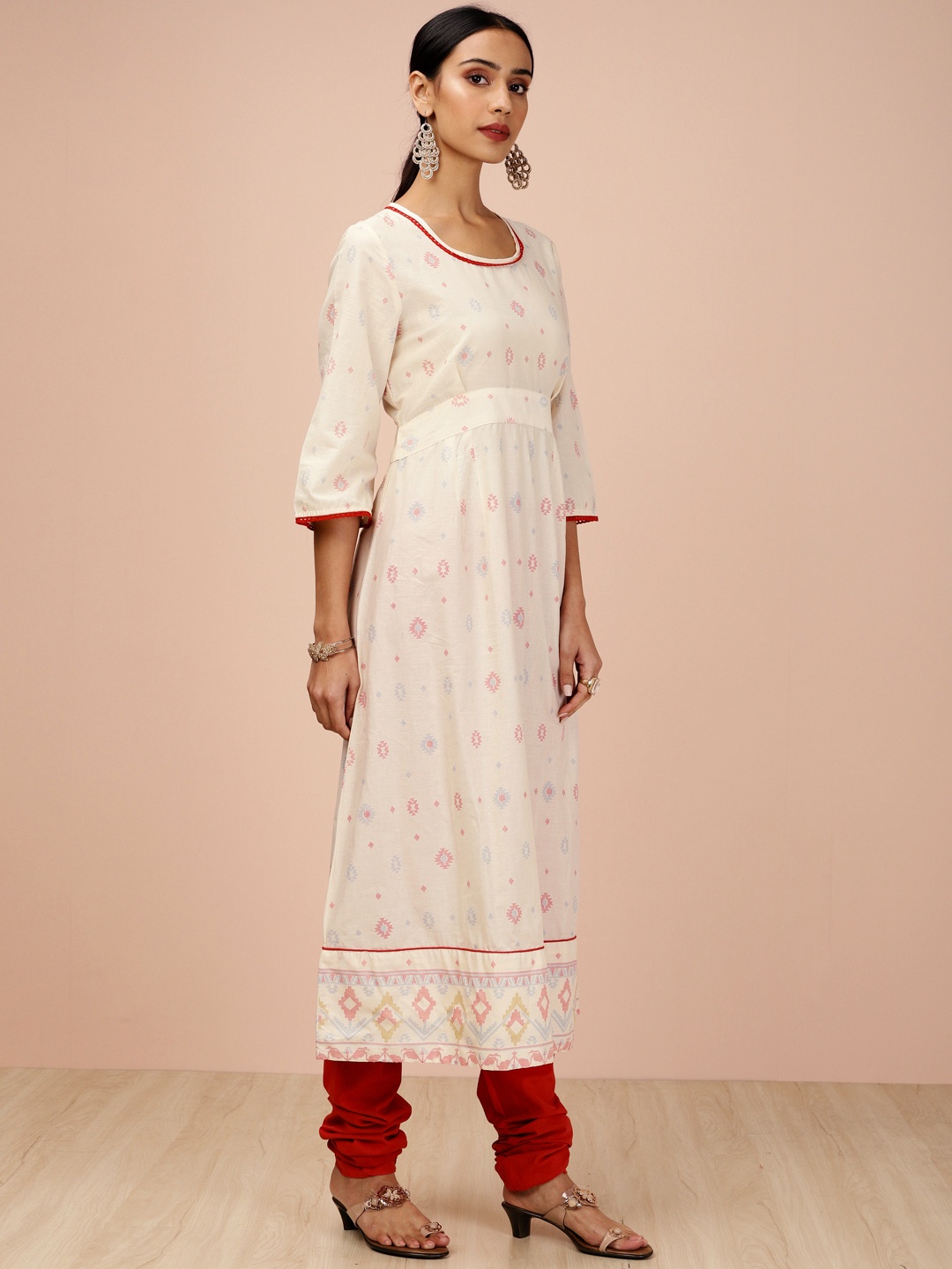 

all about you Women Cream Peach Printed Kurta with Churidar
