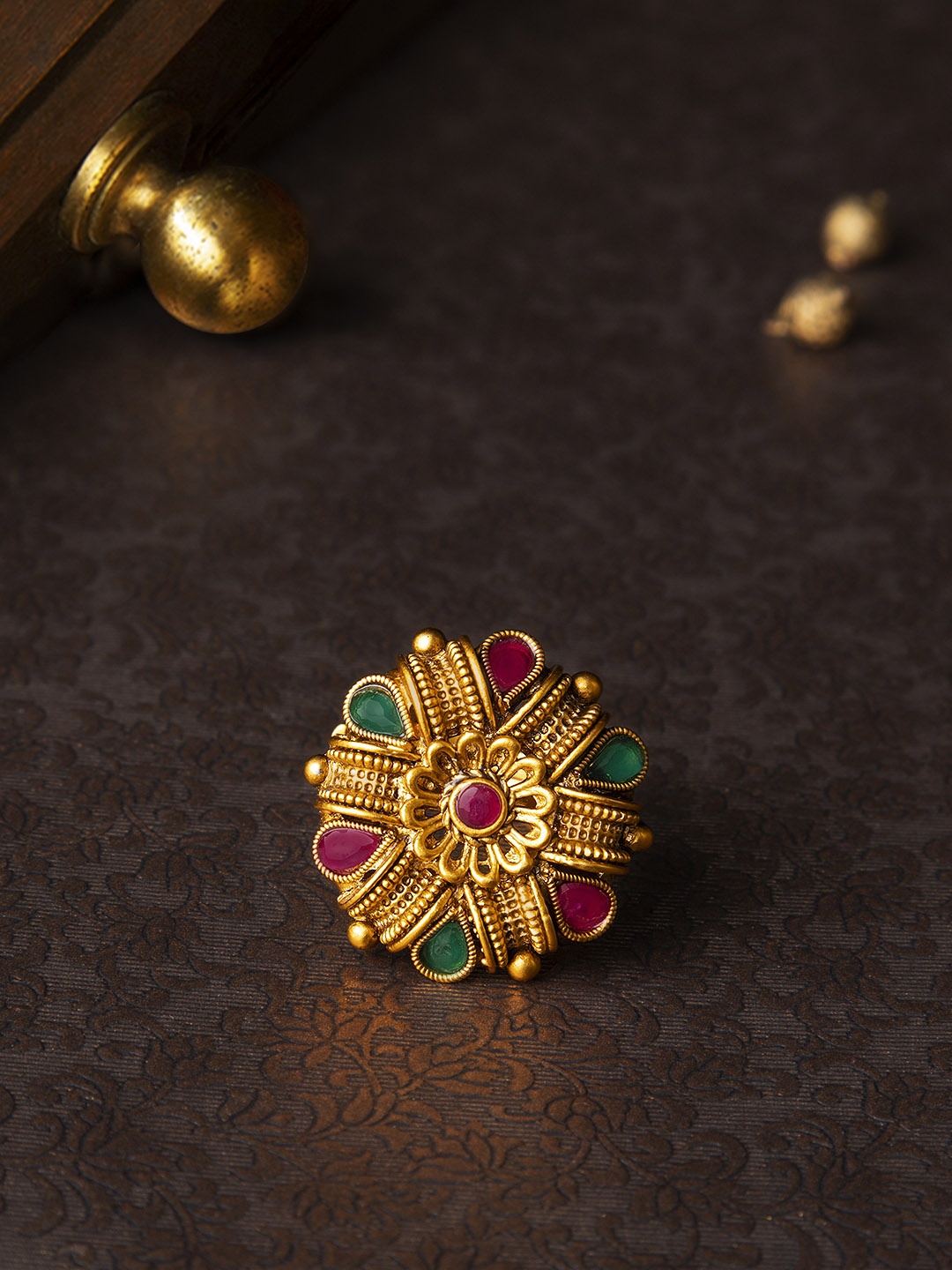 

Rubans Antique Gold-Plated & Pink Faux Ruby & Emerald Embellished Adjustable Cocktail Ring