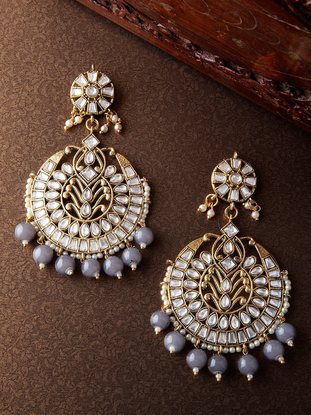 

Rubans Gold-Plated & Grey Handcrafted Kundan Classic Chandbalis