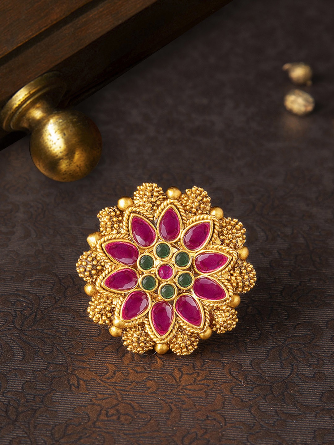 

Rubans Antique Gold-Plated Ruby & Emerald Embellished Adjustable Cocktail Ring