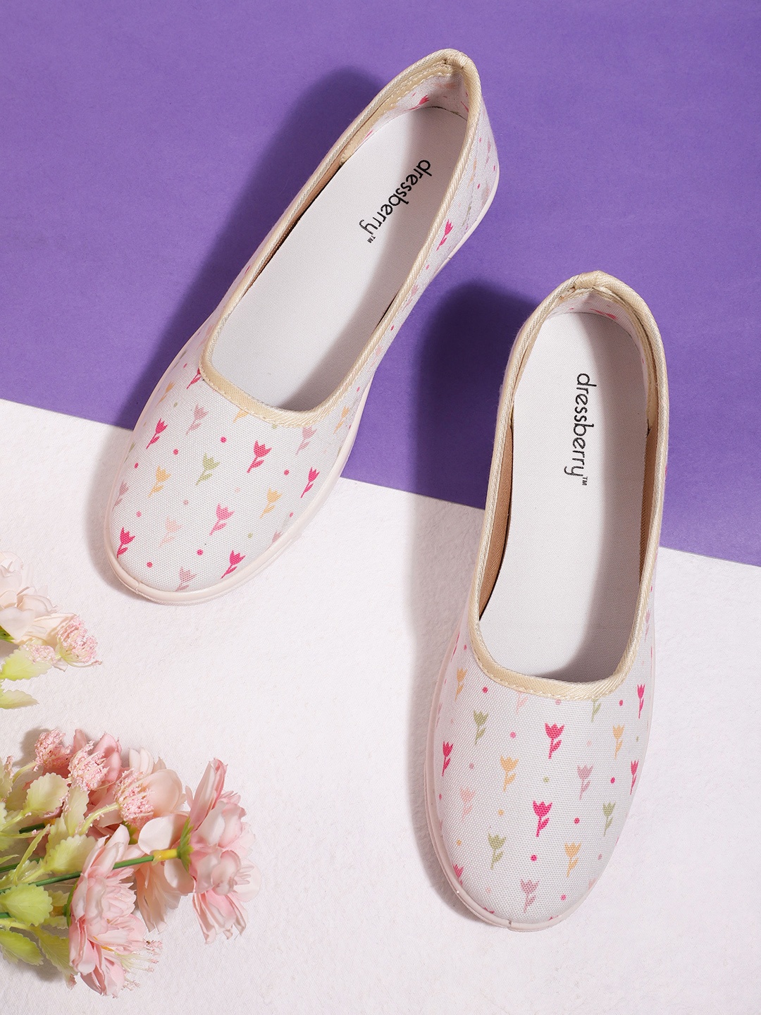 

DressBerry Women Cream-Coloured Printed Slip-Ons