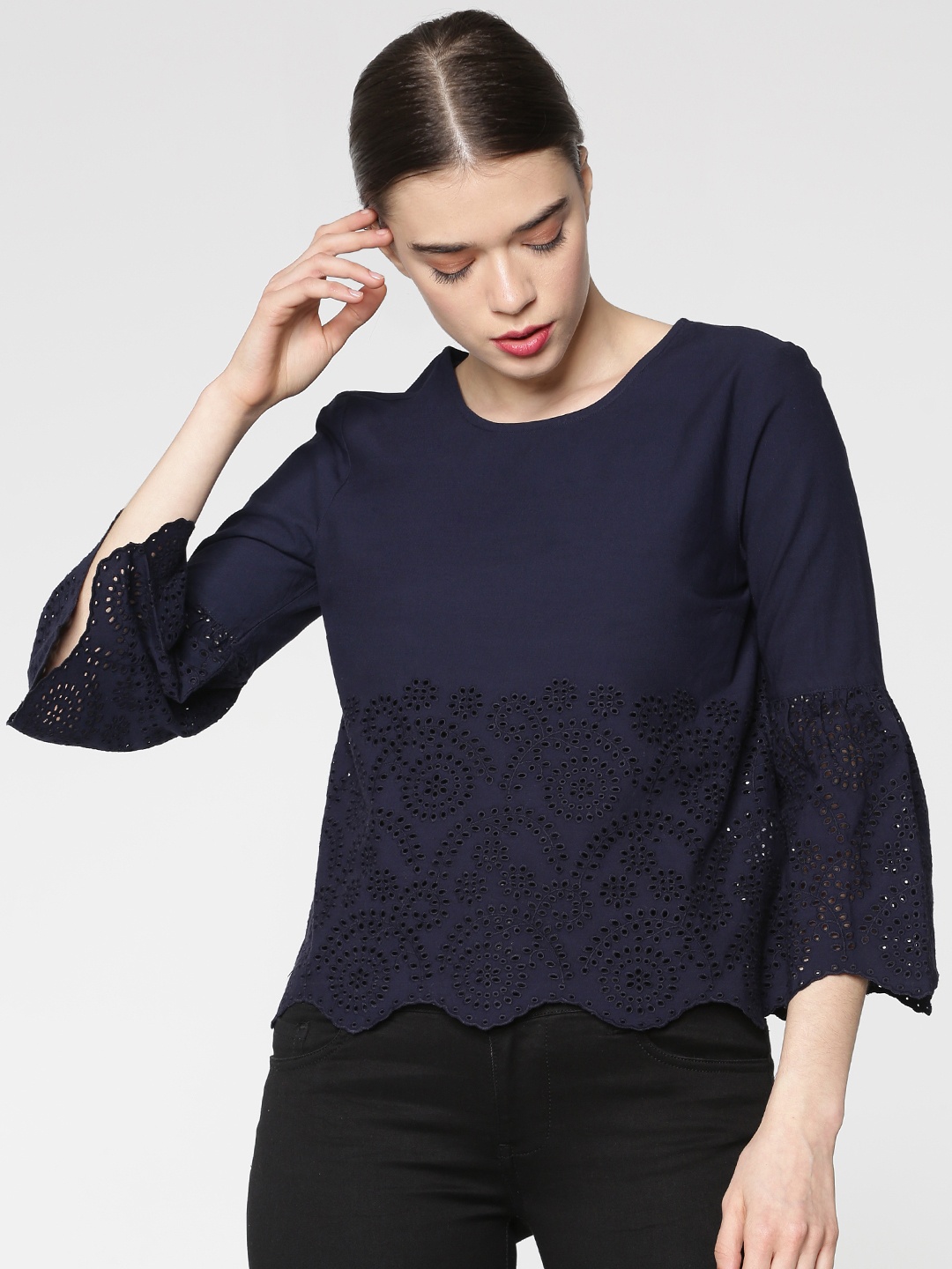 

ONLY Women Navy Blue Self-Design Pure Cotton Top