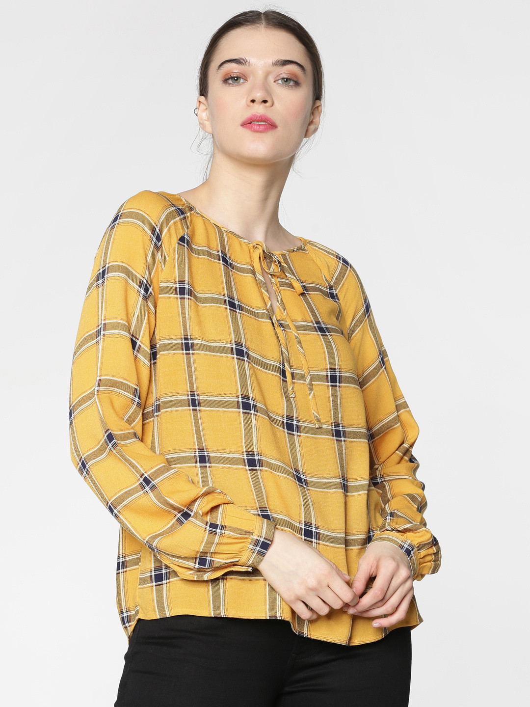 

ONLY Women Yellow & Navy Blue Checked Top