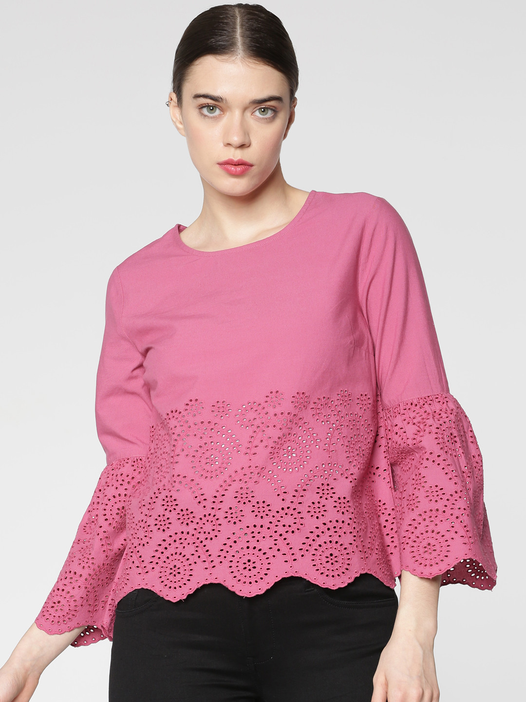 

ONLY Women Pink Self-Design Pure Cotton Top