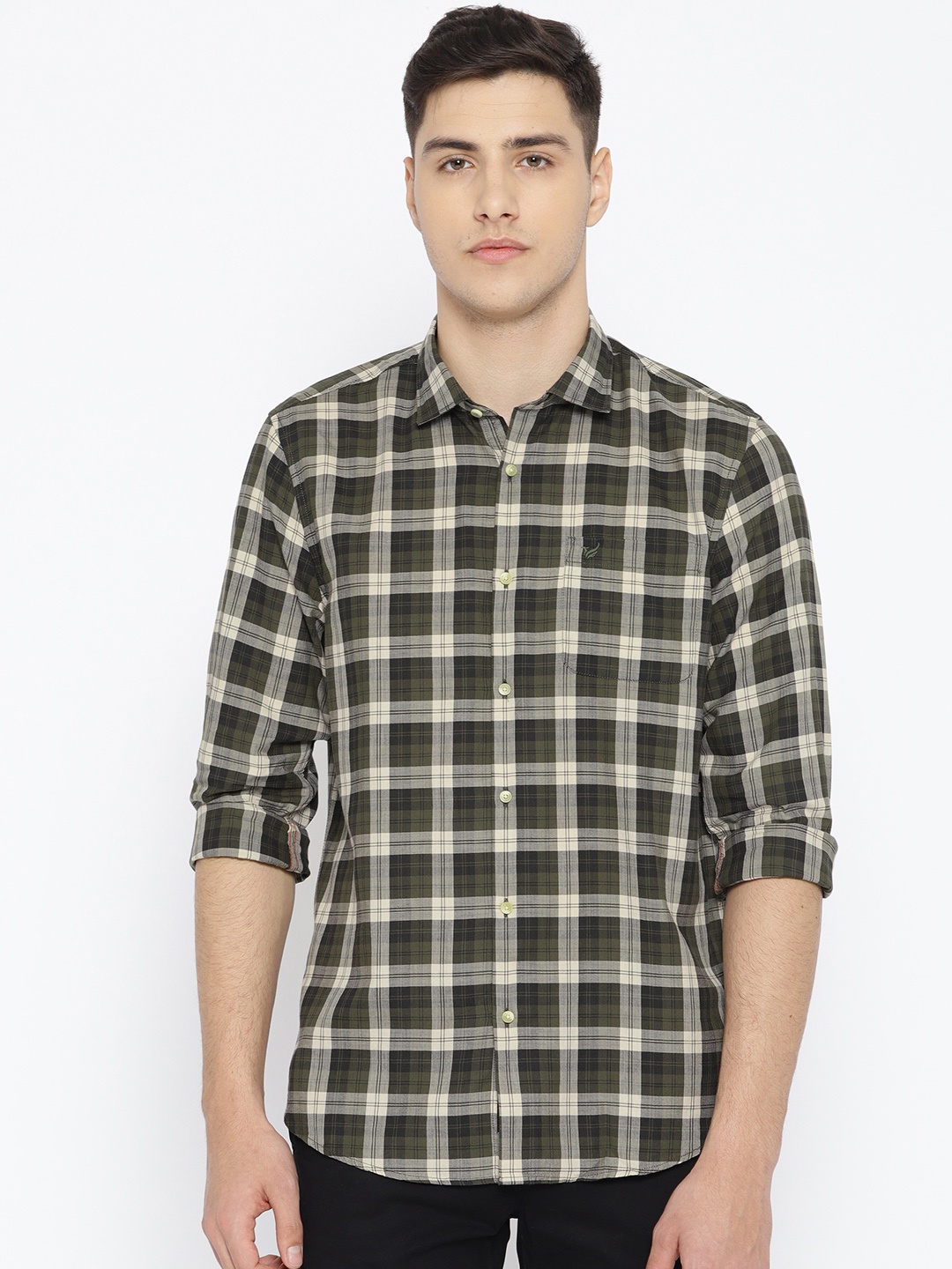 

Blackberrys Men Olive Green & Off-White Slim Fit Checked Casual Shirt