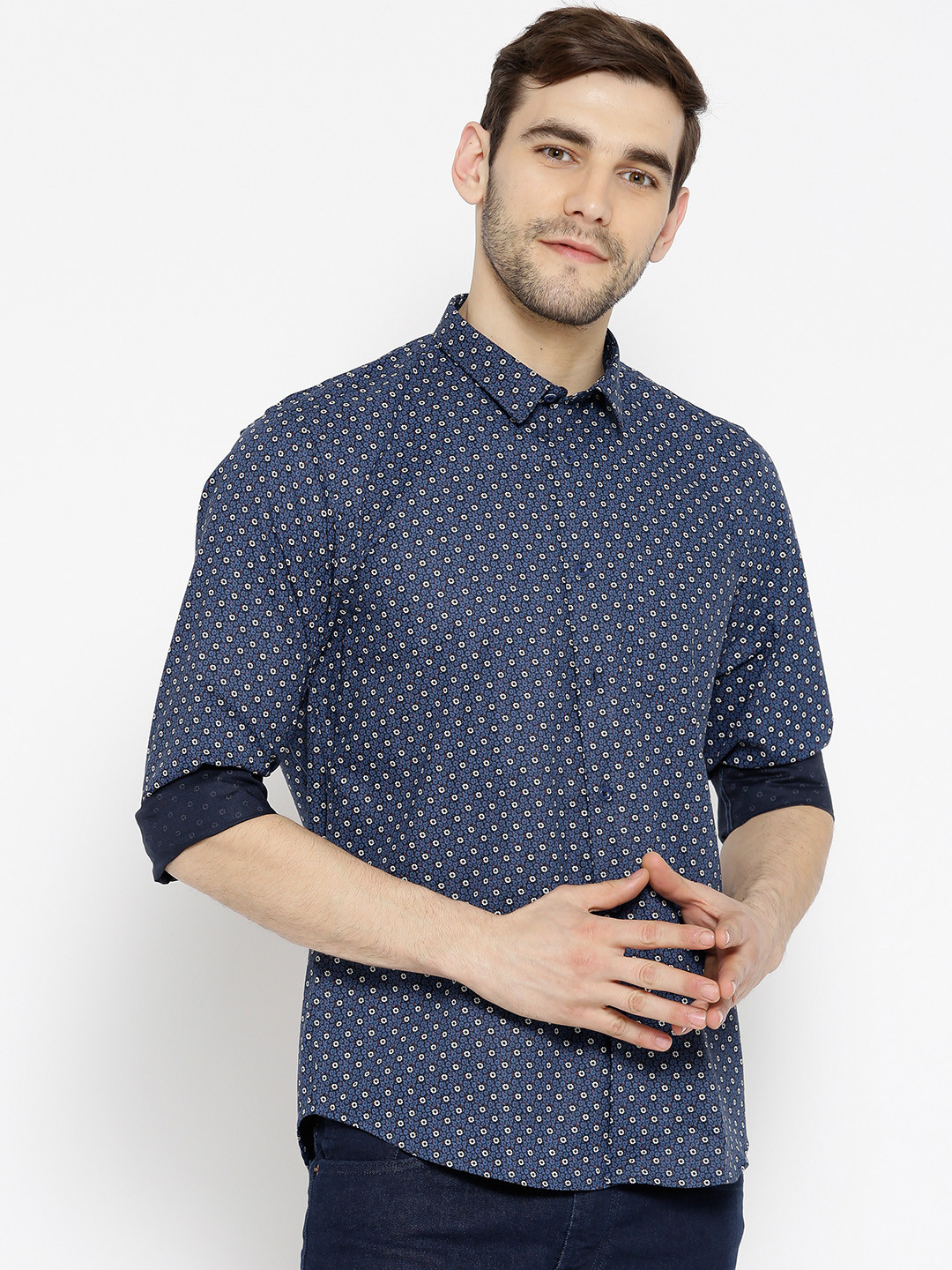

Blackberrys Men Navy Blue & White Slim Fit Printed Formal Shirt