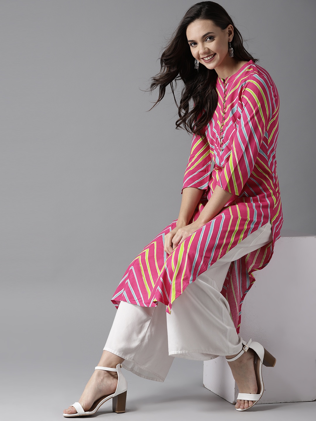 

HERE&NOW Honeysuckle Kurta with Chevron Pattern, Pink