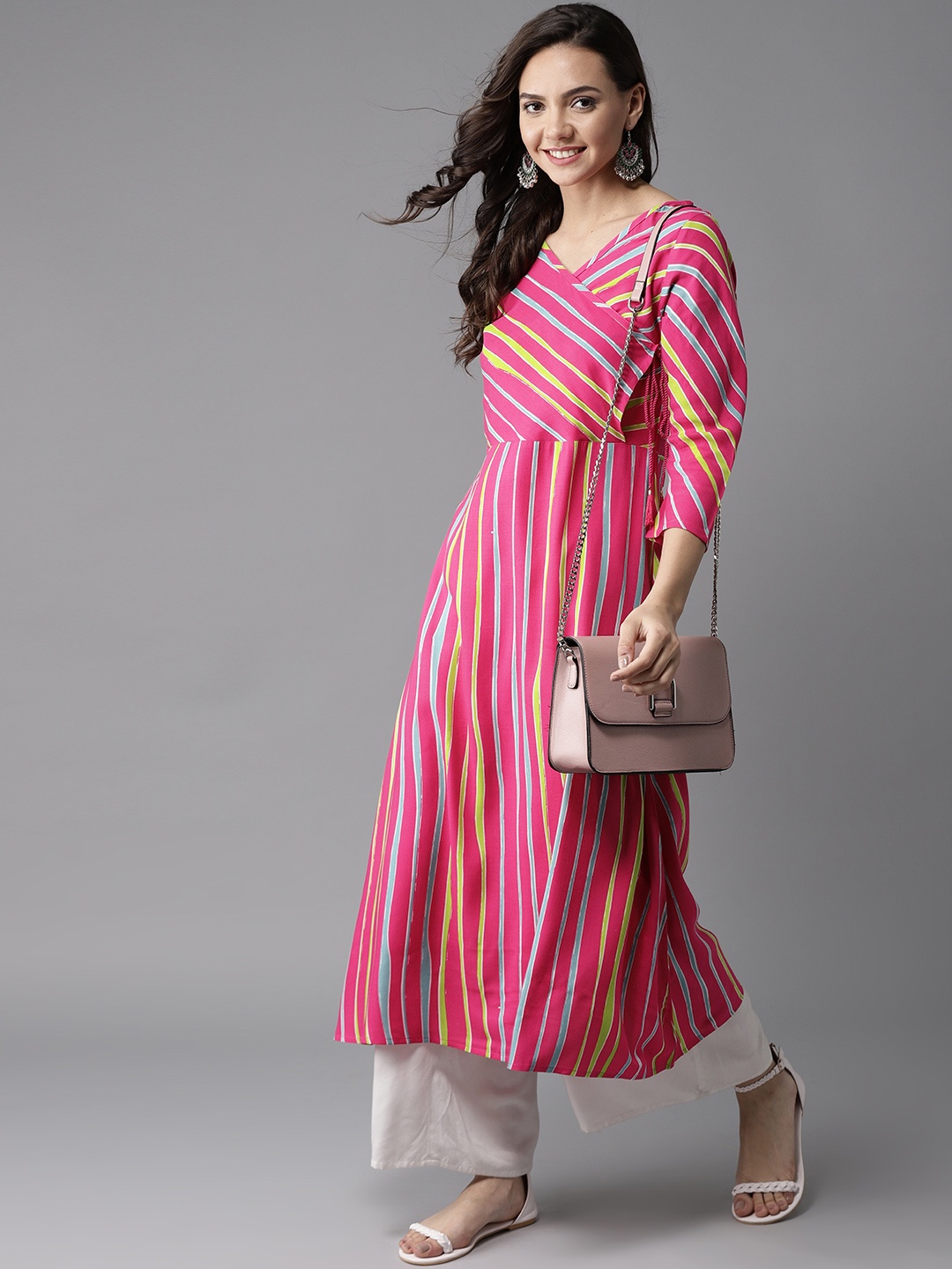 

HERE&NOW Women Stripes & Tie-Up A-Line Viscose Kurta, Pink