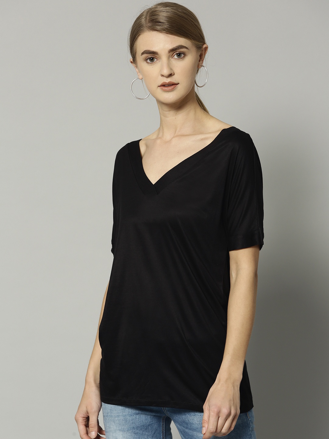 

Marks & Spencer Women Black Solid V-Neck T-shirt