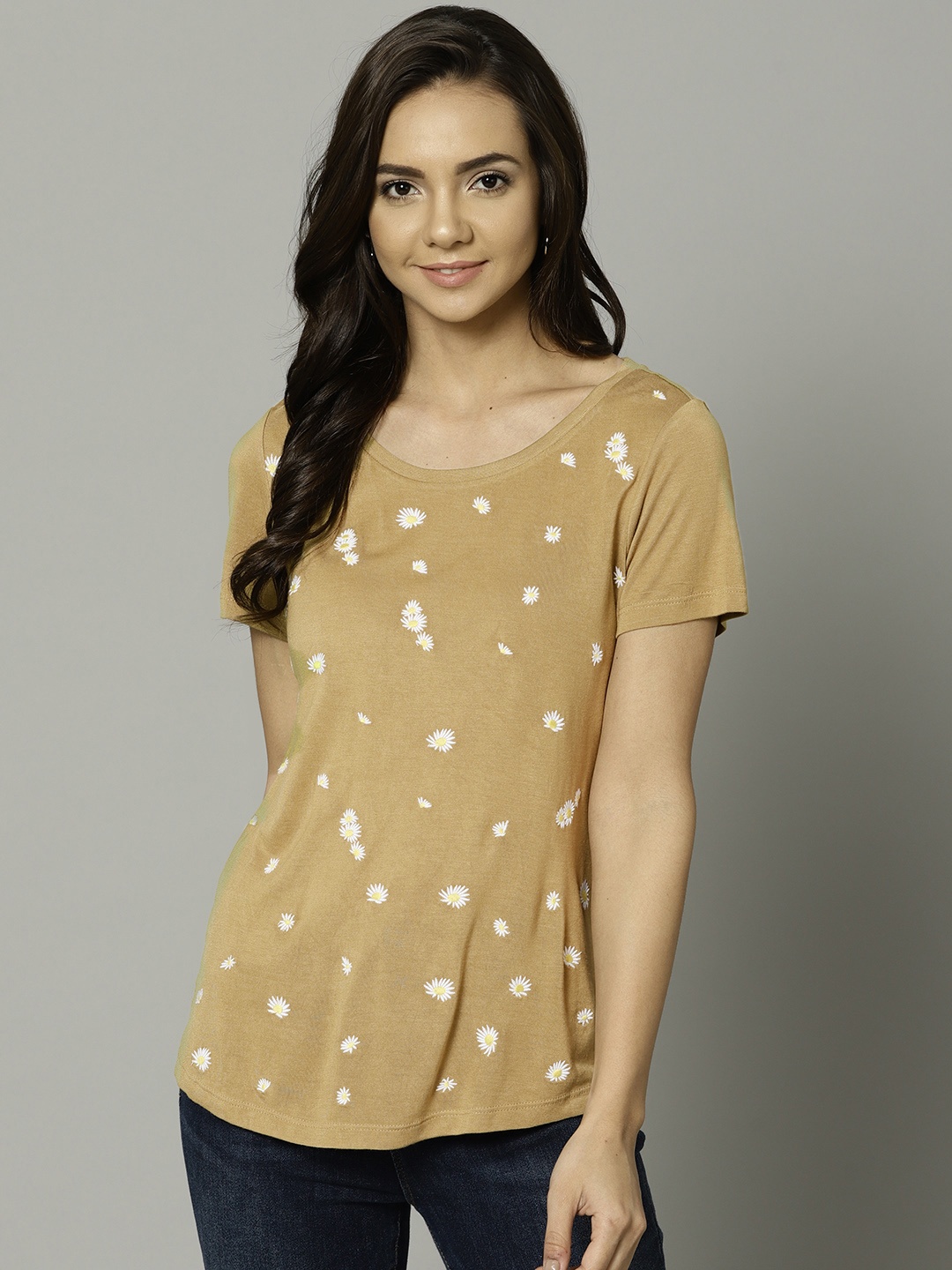 

Marks & Spencer Women Mustard Brown & White Embroidered Round Neck T-shirt