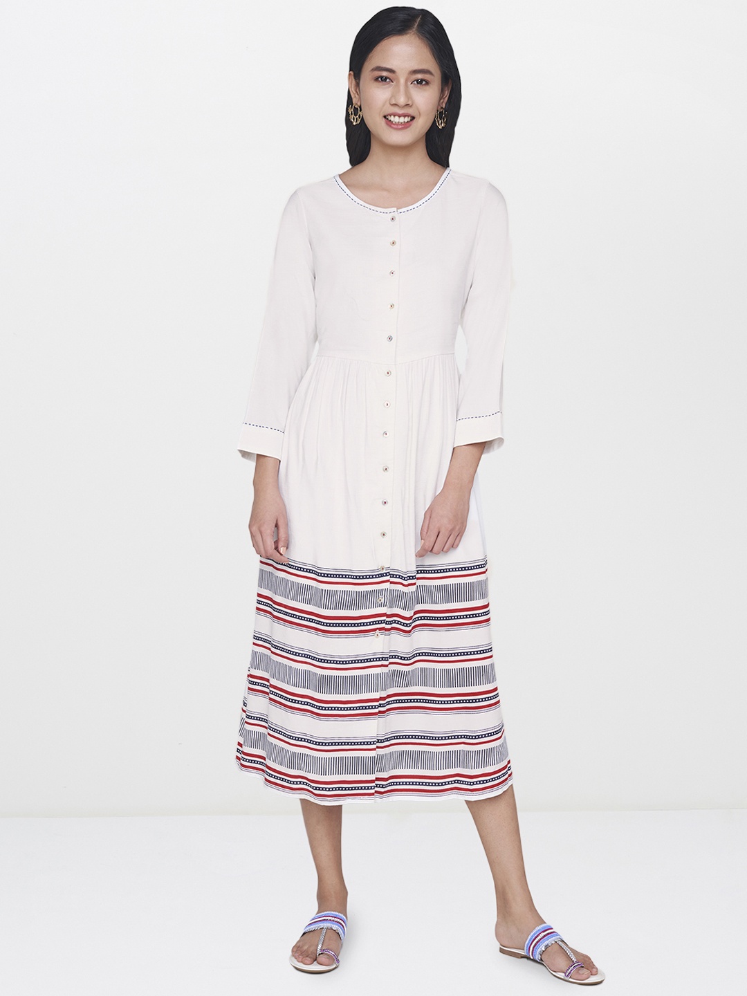 

Global Desi Women Off-White Printed A-Line Midi Dress