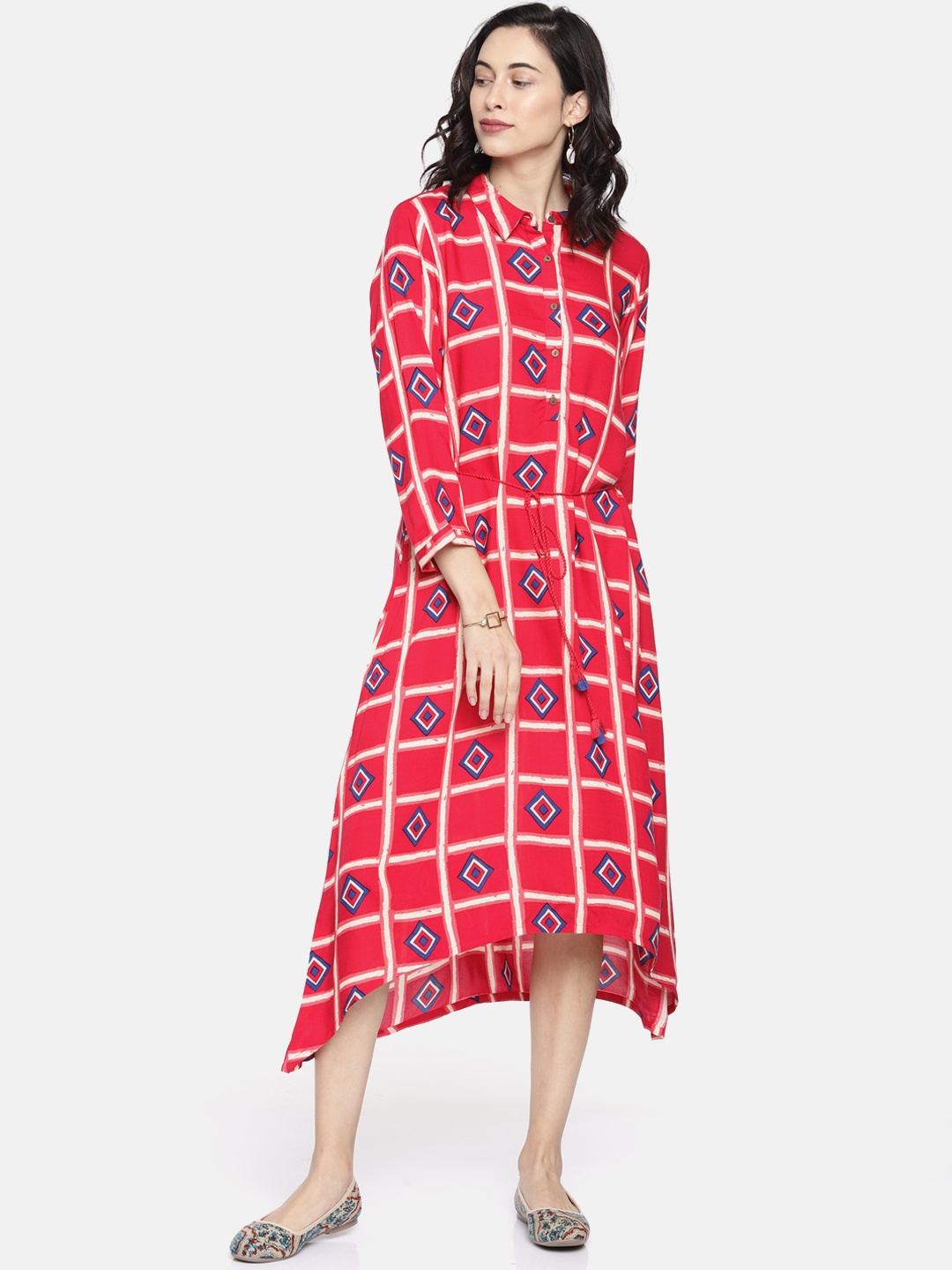 

Global Desi Women Pink & Off White Checked Shirt Dress