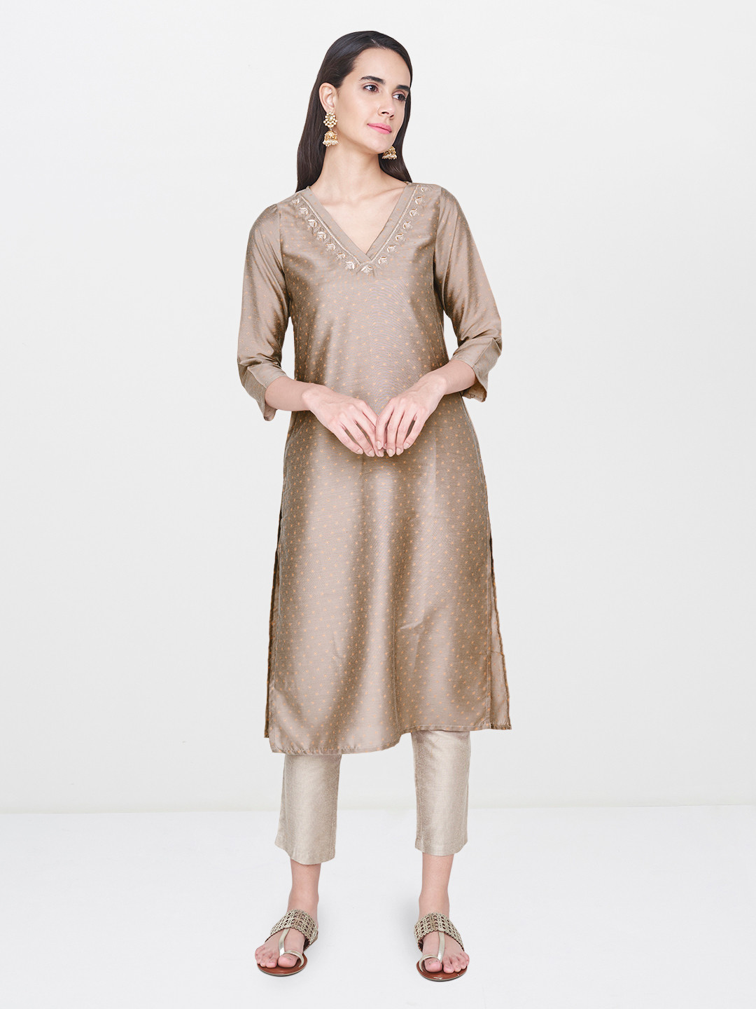 

Global Desi Women Taupe Printed Straight Kurta