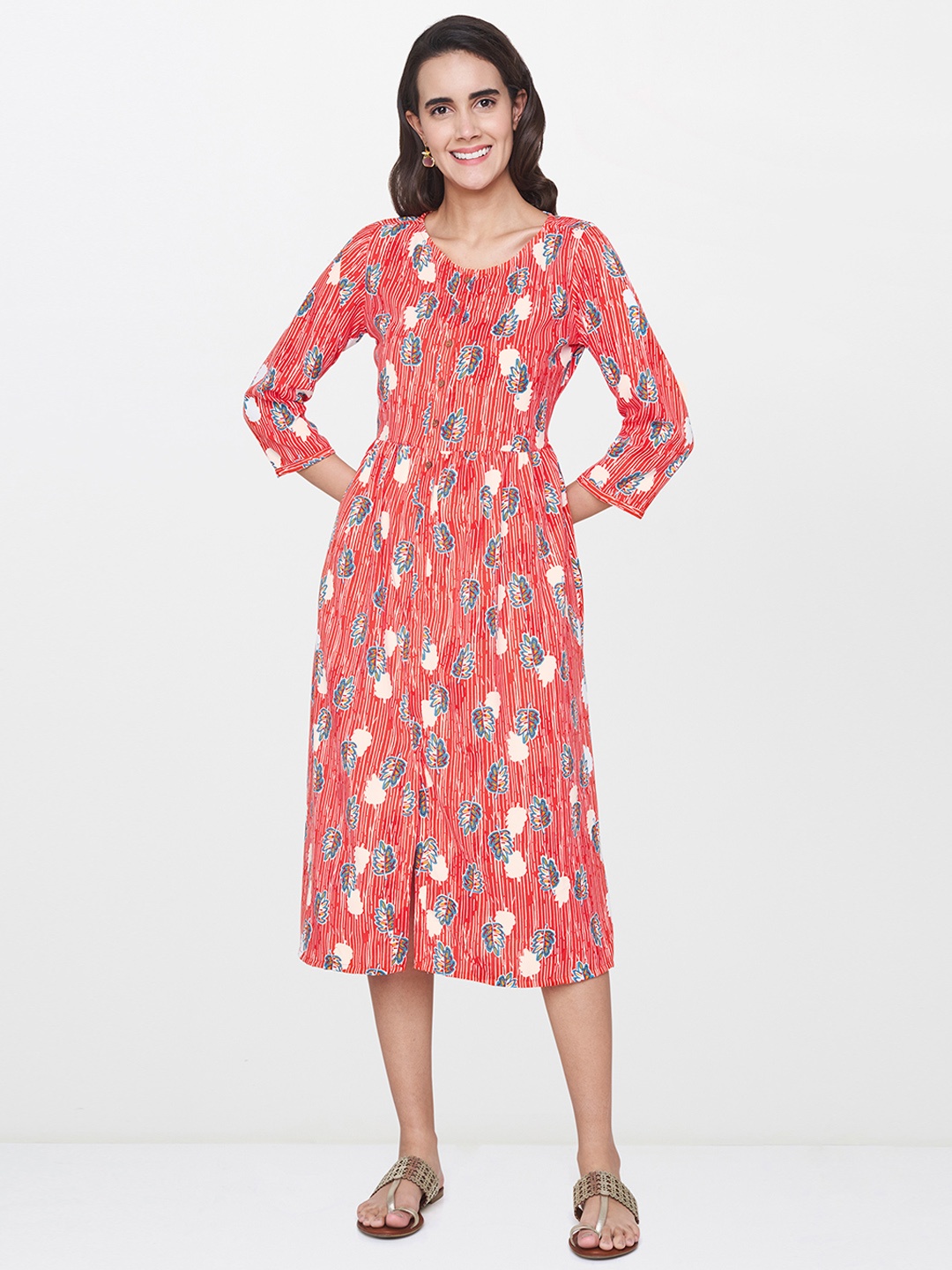 

Global Desi Women Coral Red Printed A-Line Dress