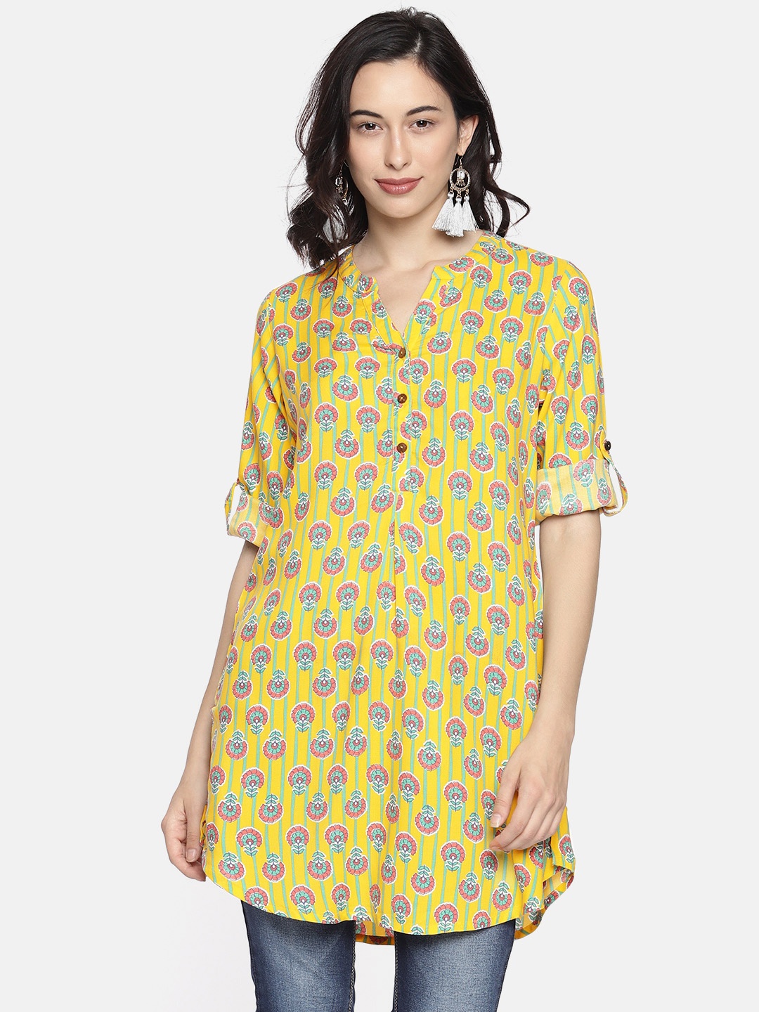 

Global Desi Women Mustard Yellow & Blue Printed Straight Kurta