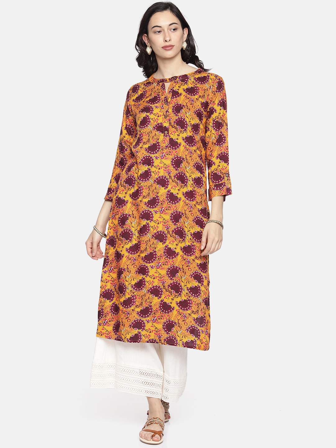 

Global Desi Women Mustard & Maroon Printed Straight Kurta