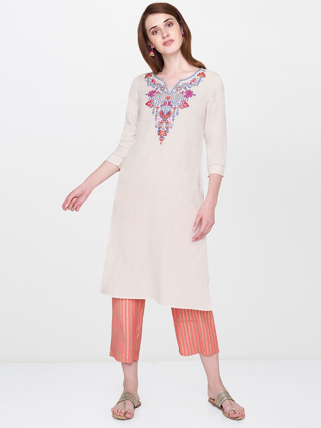 

Global Desi Women Off-White Yoke Design Straight Kurta