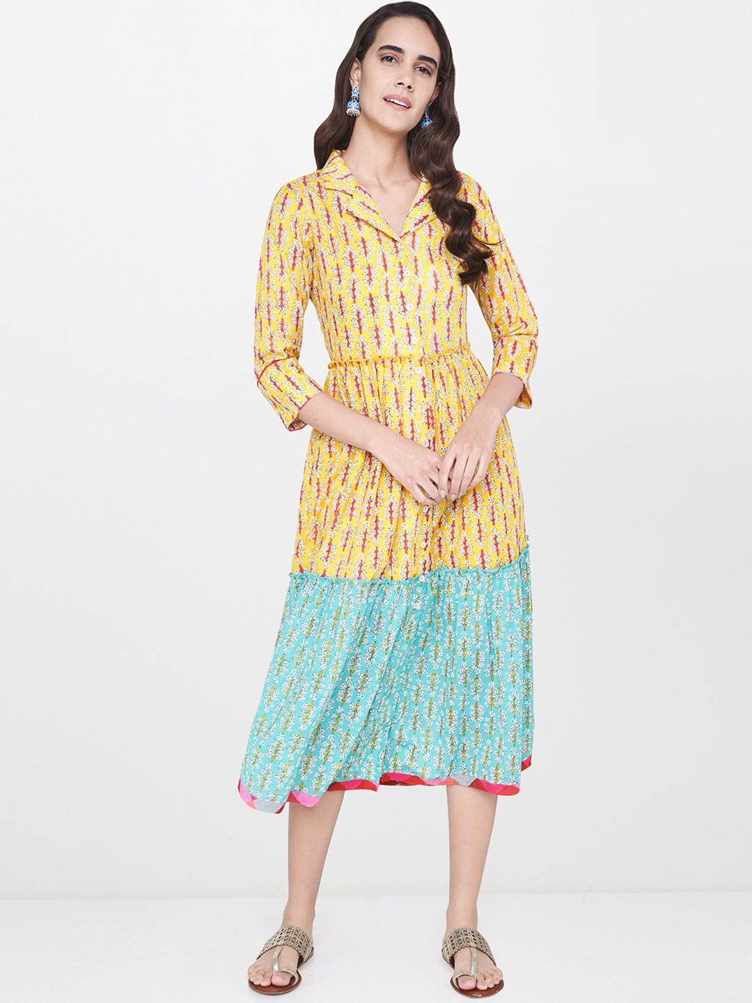 

Global Desi Women Yellow Printed A-line Ethnic Dress