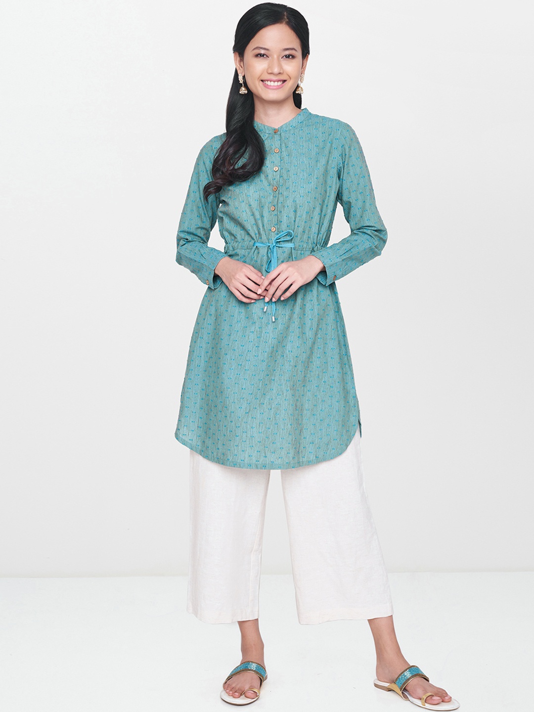

Global Desi Teal Green Self-Design Tunic