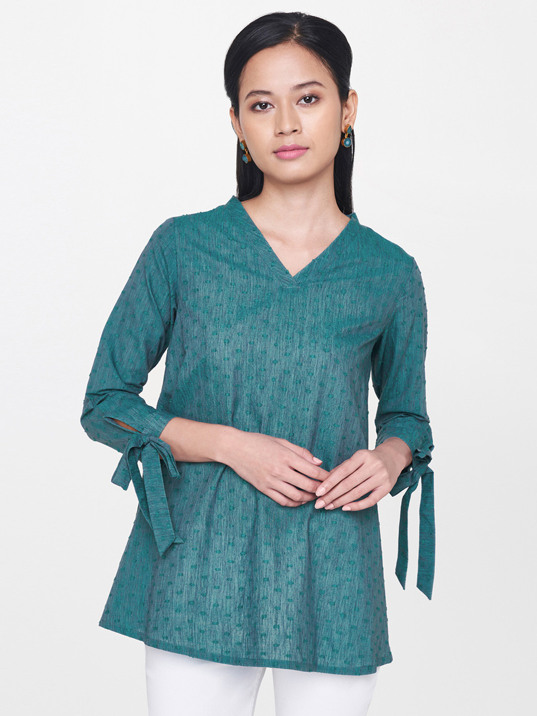 

Global Desi Women Teal Blue Self Design A-Line Pure Cotton Top