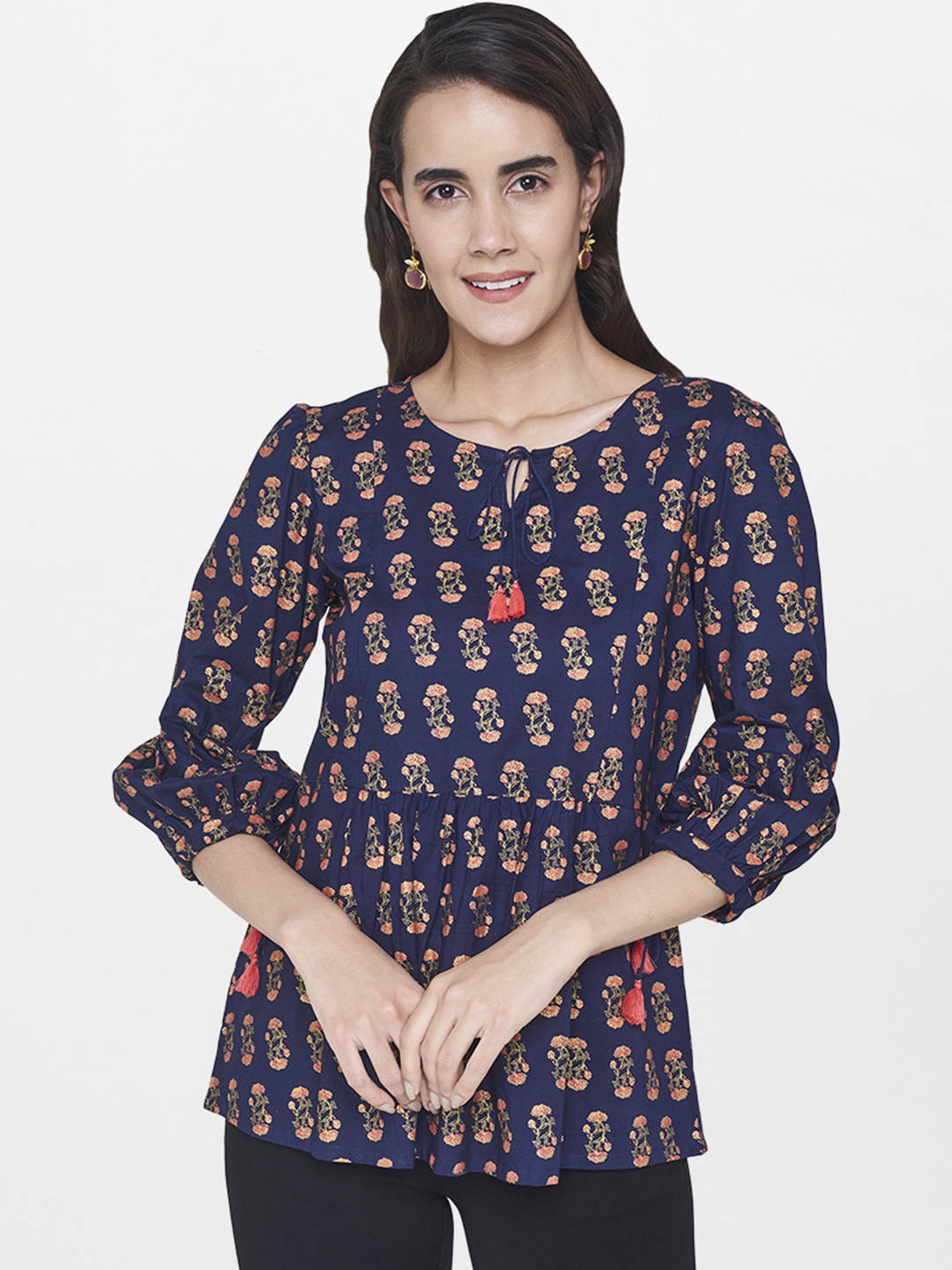 

Global Desi Women Navy Printed Top, Navy blue