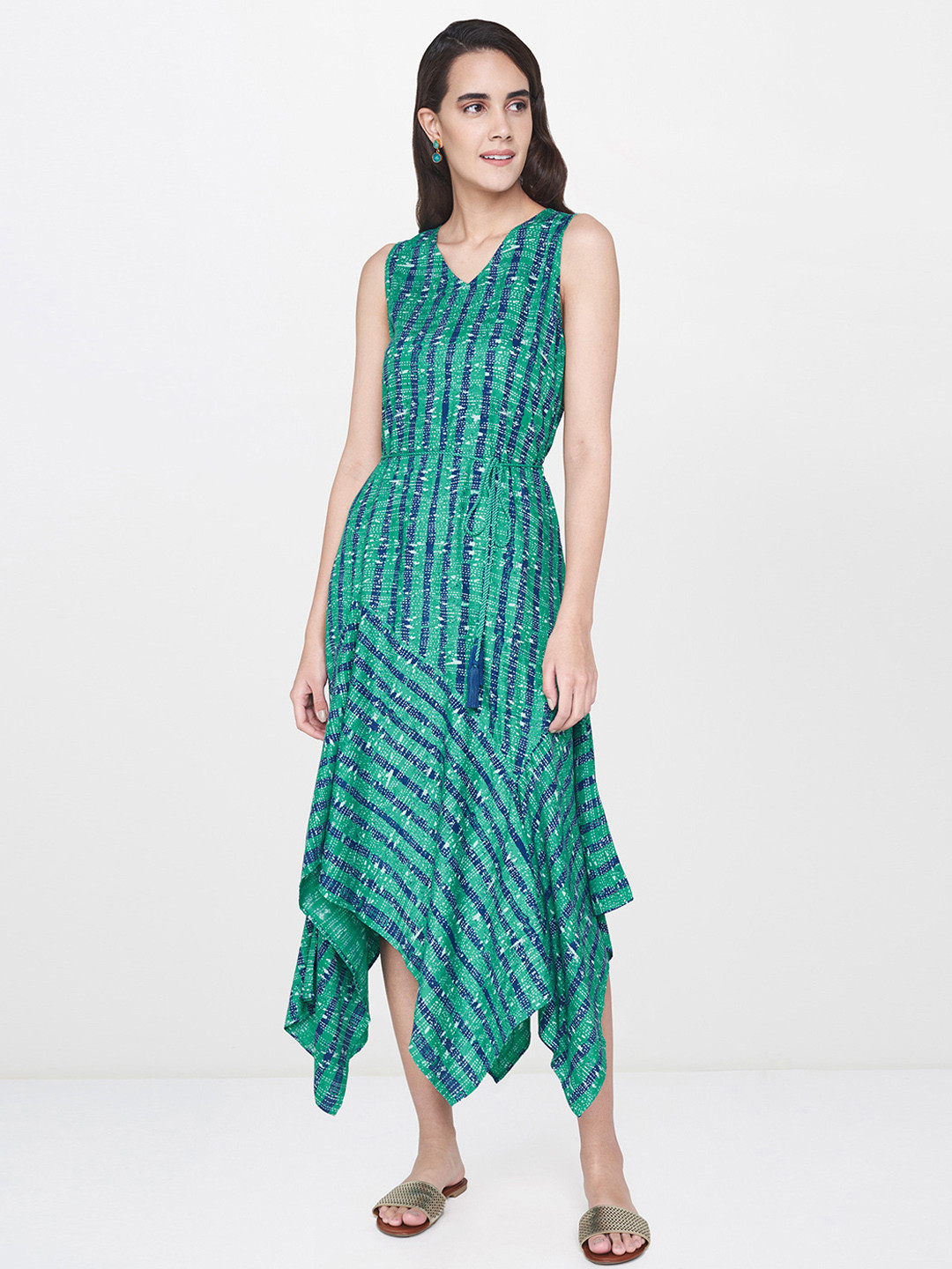 

Global Desi Women Green & Navy Blue Striped A-Line Dress