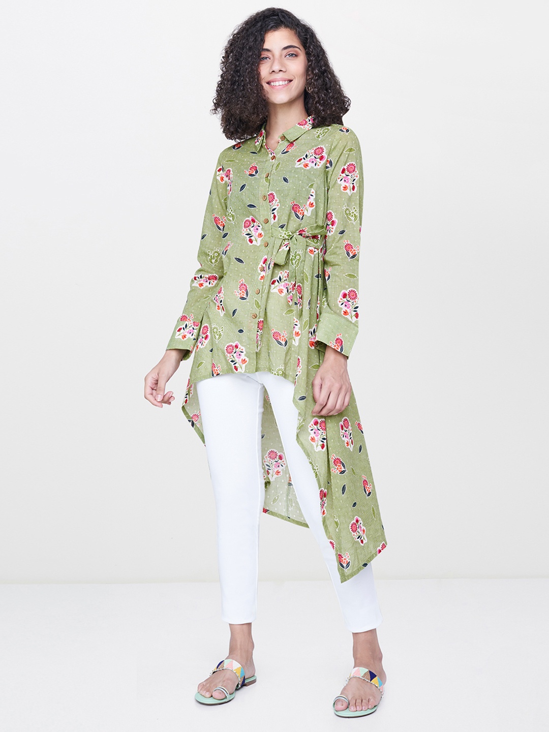 

Global Desi Green Printed High-Low Tunic