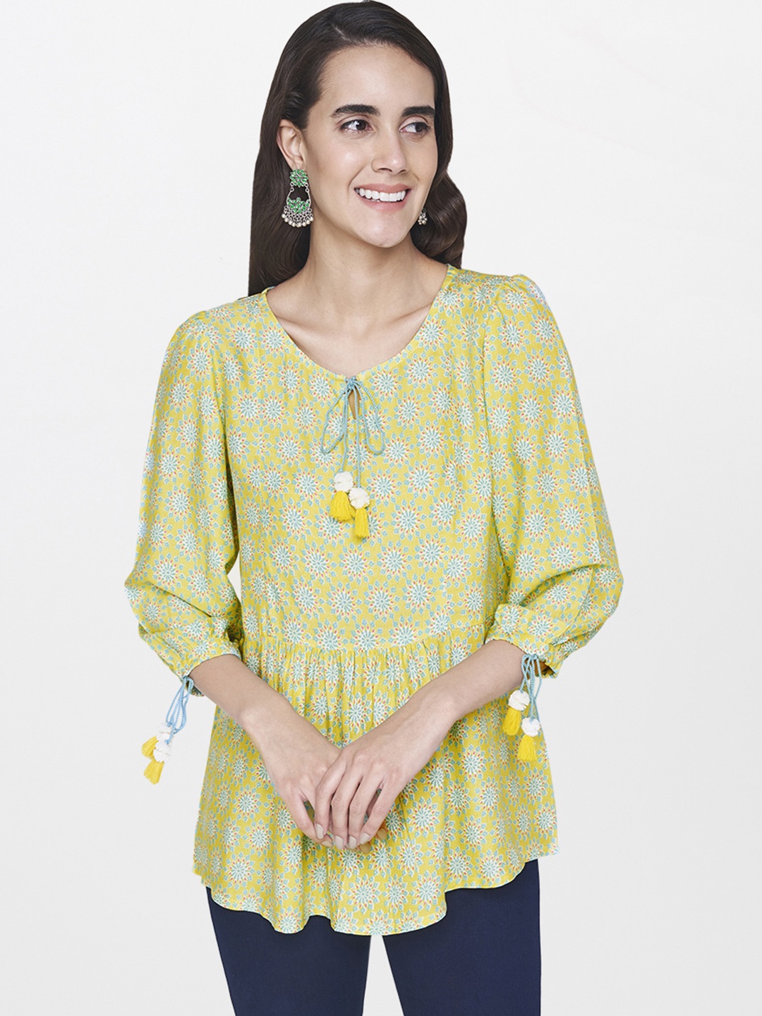 

Global Desi Women Lime Green Printed Peplum Top